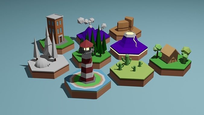 Cartoon islands set Low-poly 3D model