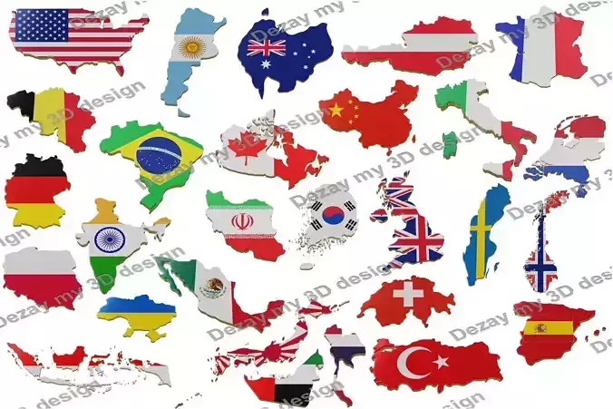 Map of most popular countries  land border with flag 3D model