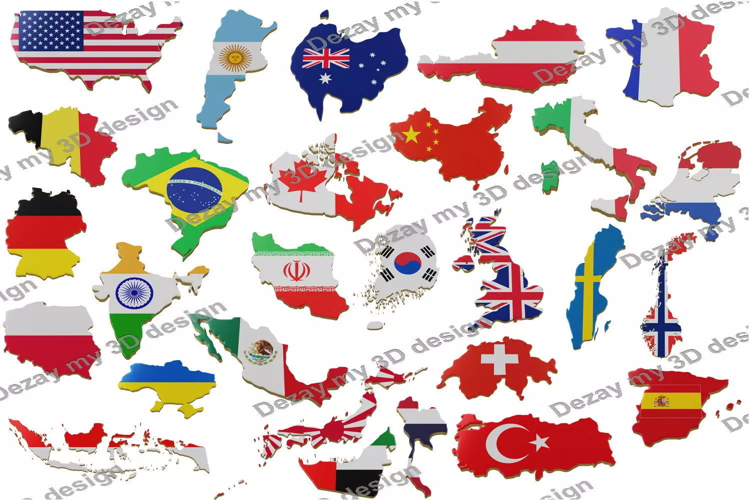 Map of most popular countries land border with flag 3D model_0