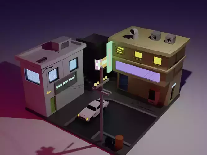 low poly street with buildings and cars