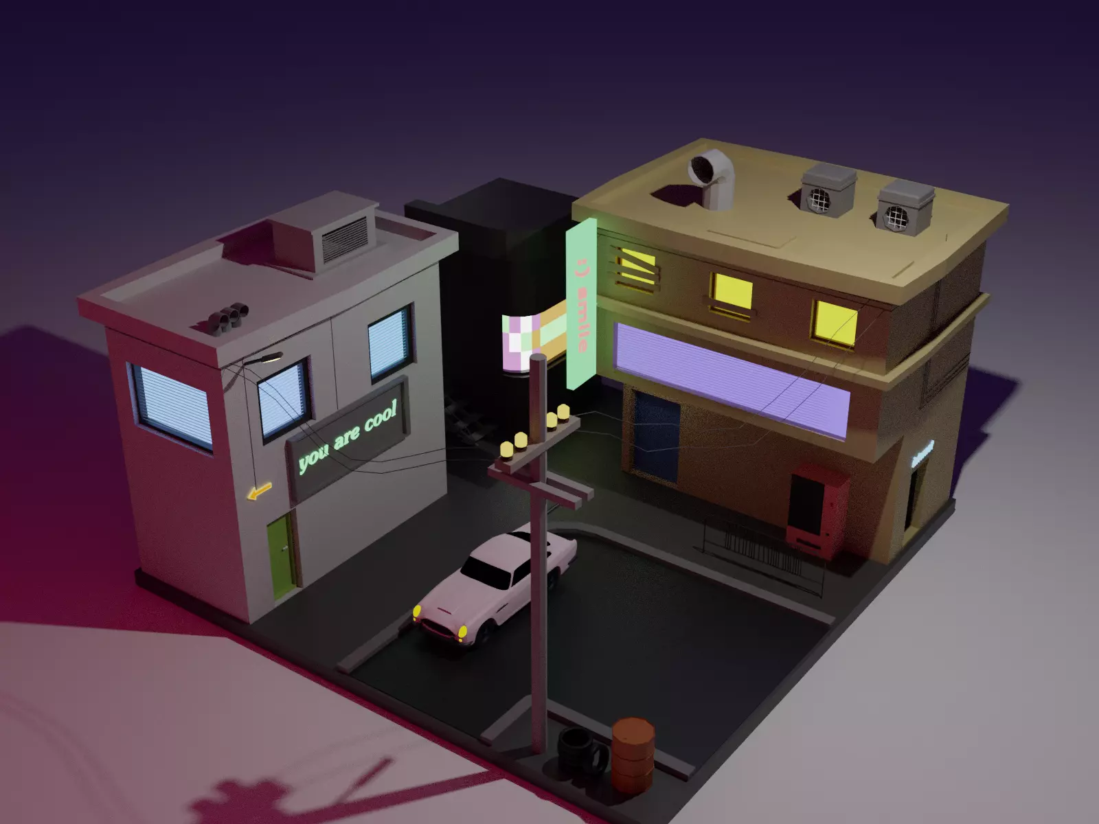 low poly street with buildings and cars Low-poly 3D model_0