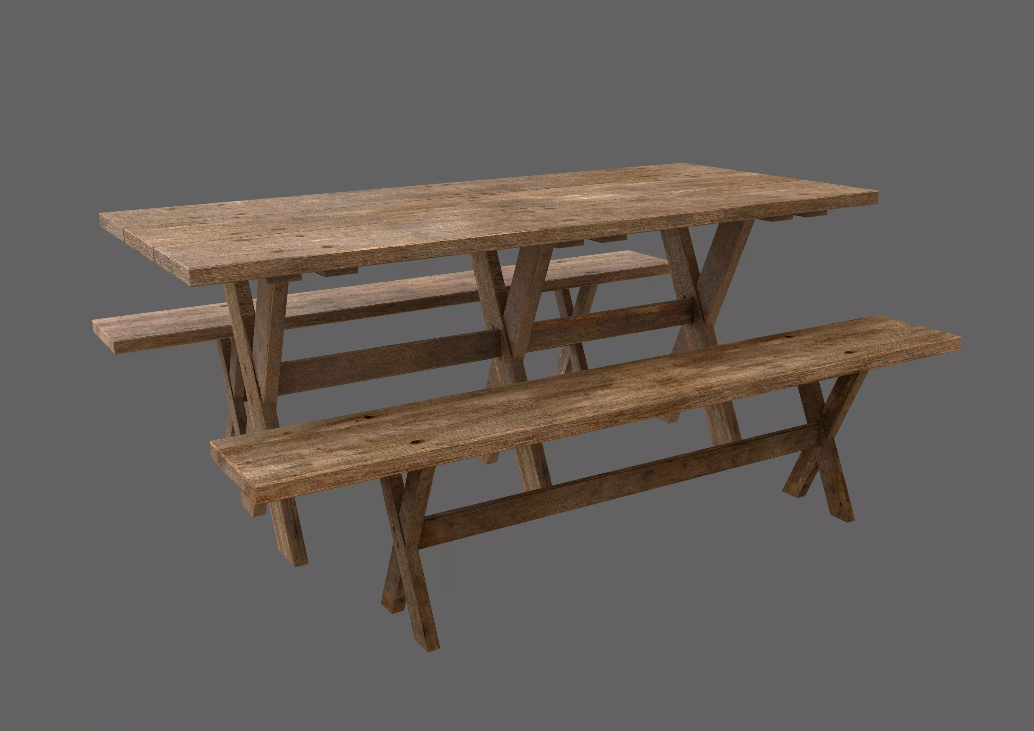 Medieval Style Table and Benches Low-poly 3D model_0