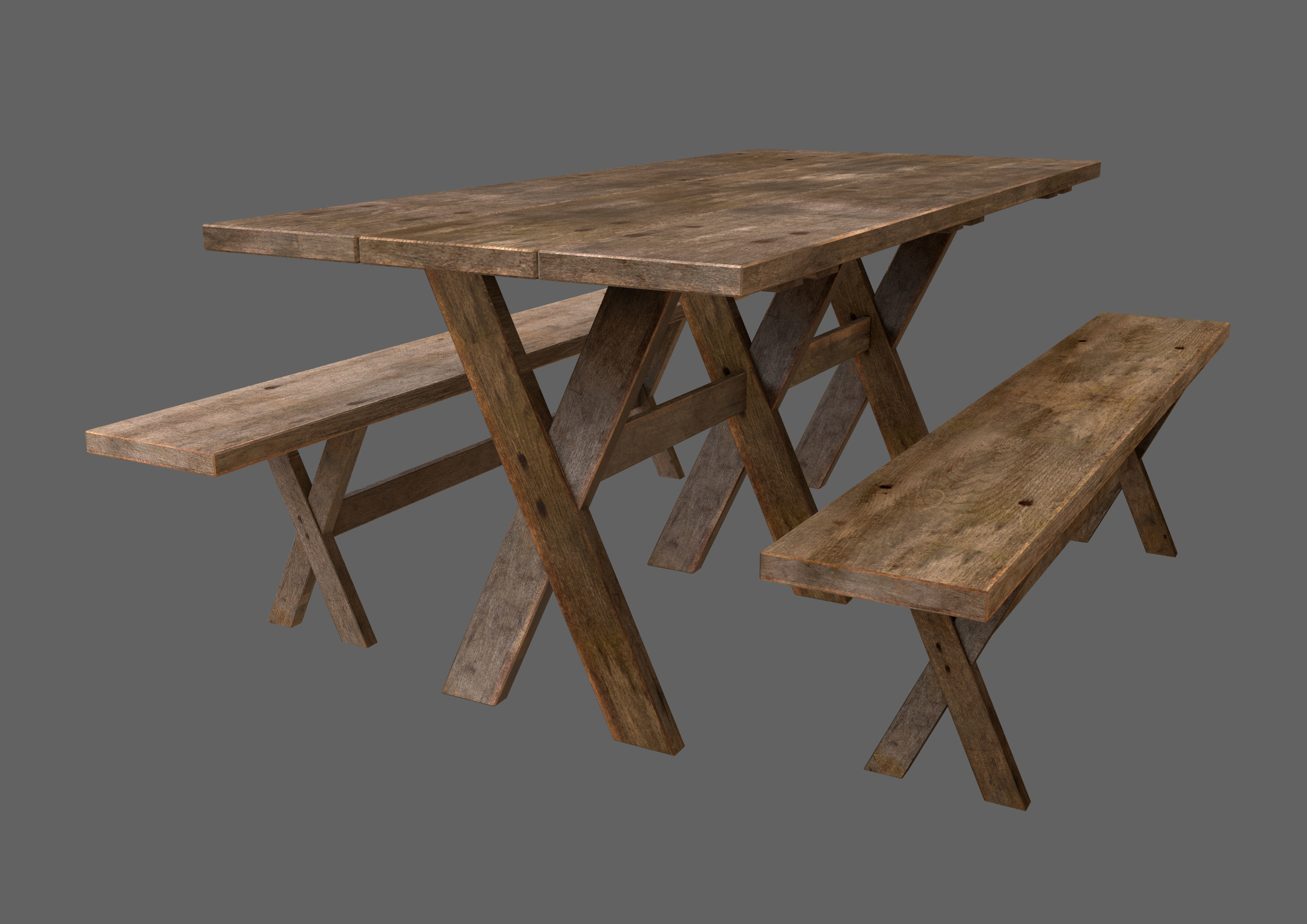Medieval Style Table and Benches Low-poly 3D model_2