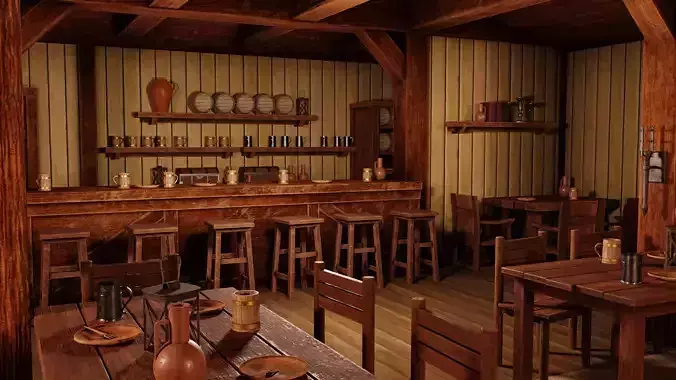 Medieval Inn with Interior Low-poly 3D model