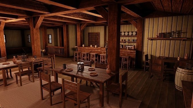 Medieval Inn with Interior Low-poly 3D model 3