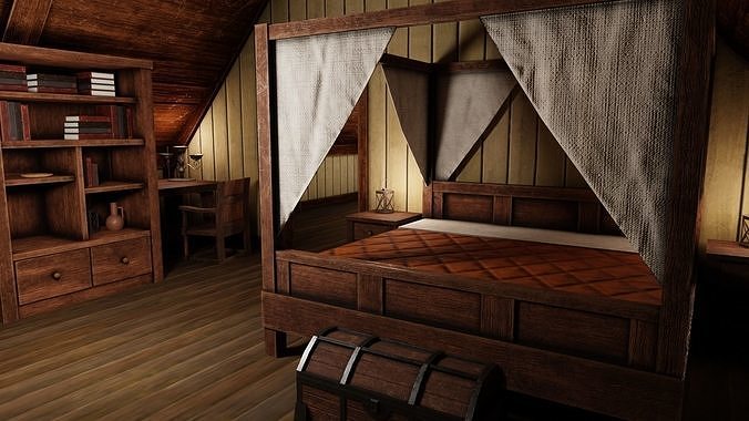 Medieval Inn with Interior Low-poly 3D model 5