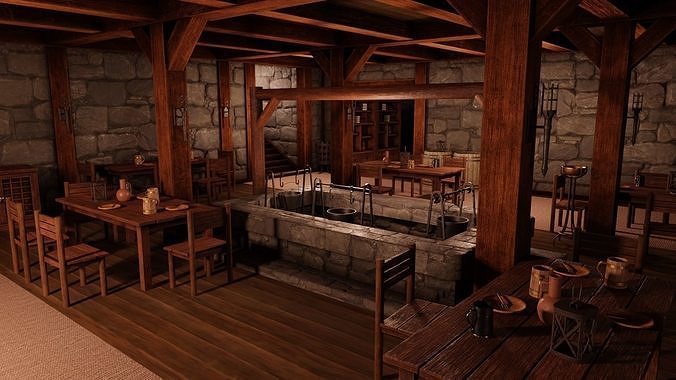 Medieval Inn with Interior Low-poly 3D model 6