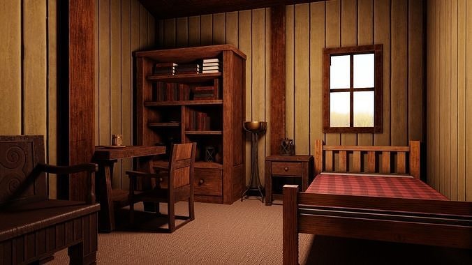 Medieval Inn with Interior Low-poly 3D model 7