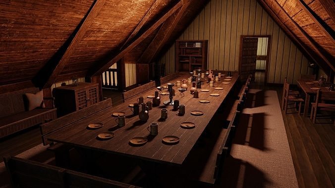 Medieval Inn with Interior Low-poly 3D model 4