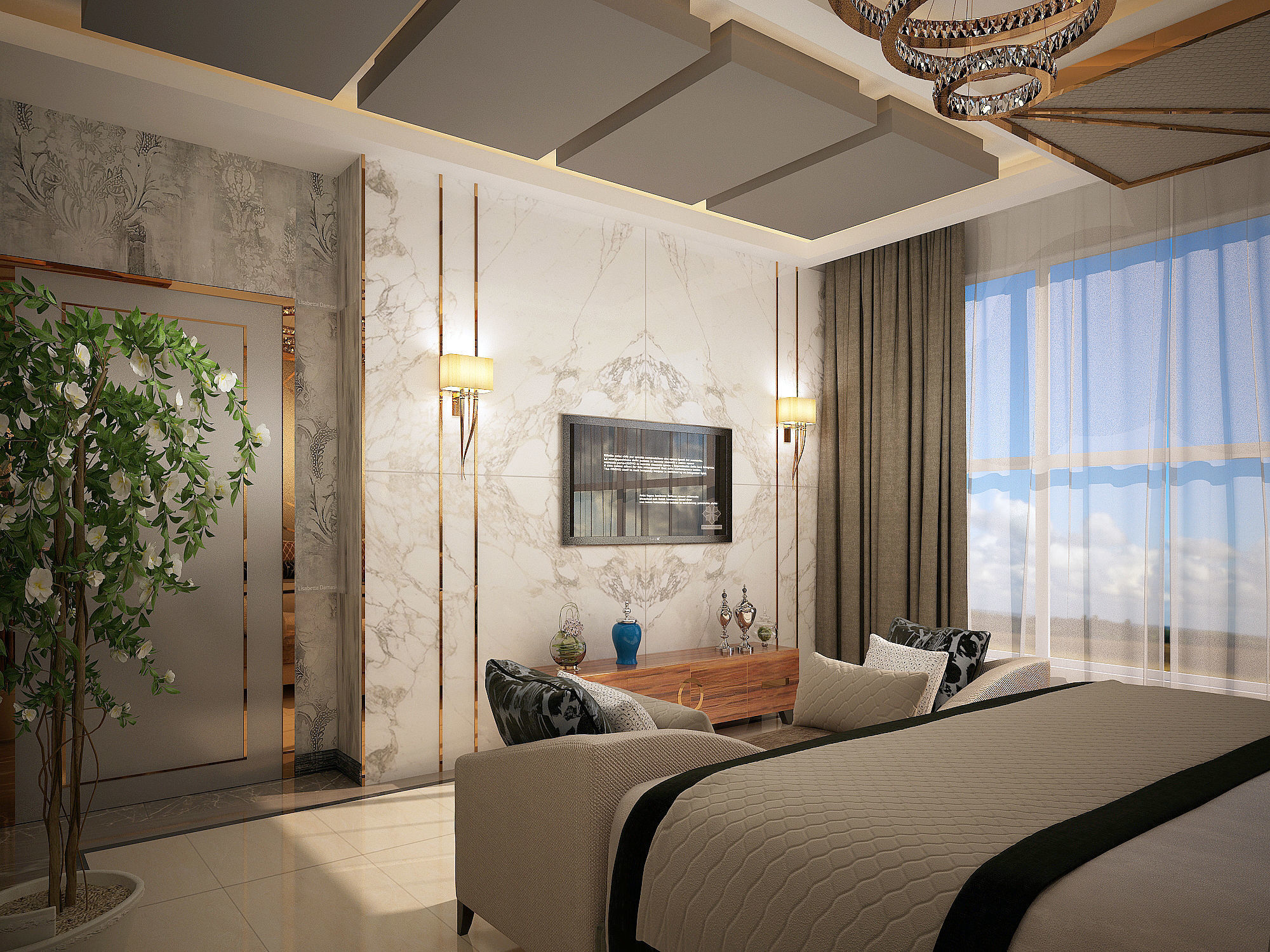 Bedroom modern with gold accents 3D model_2