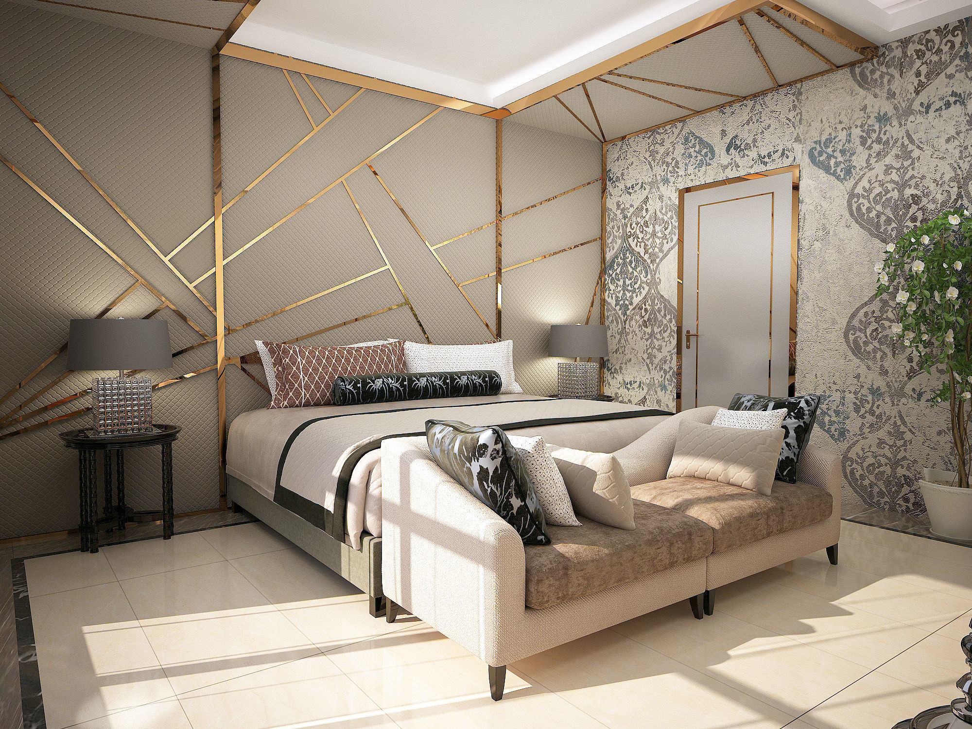 Bedroom modern with gold accents 3D model_1