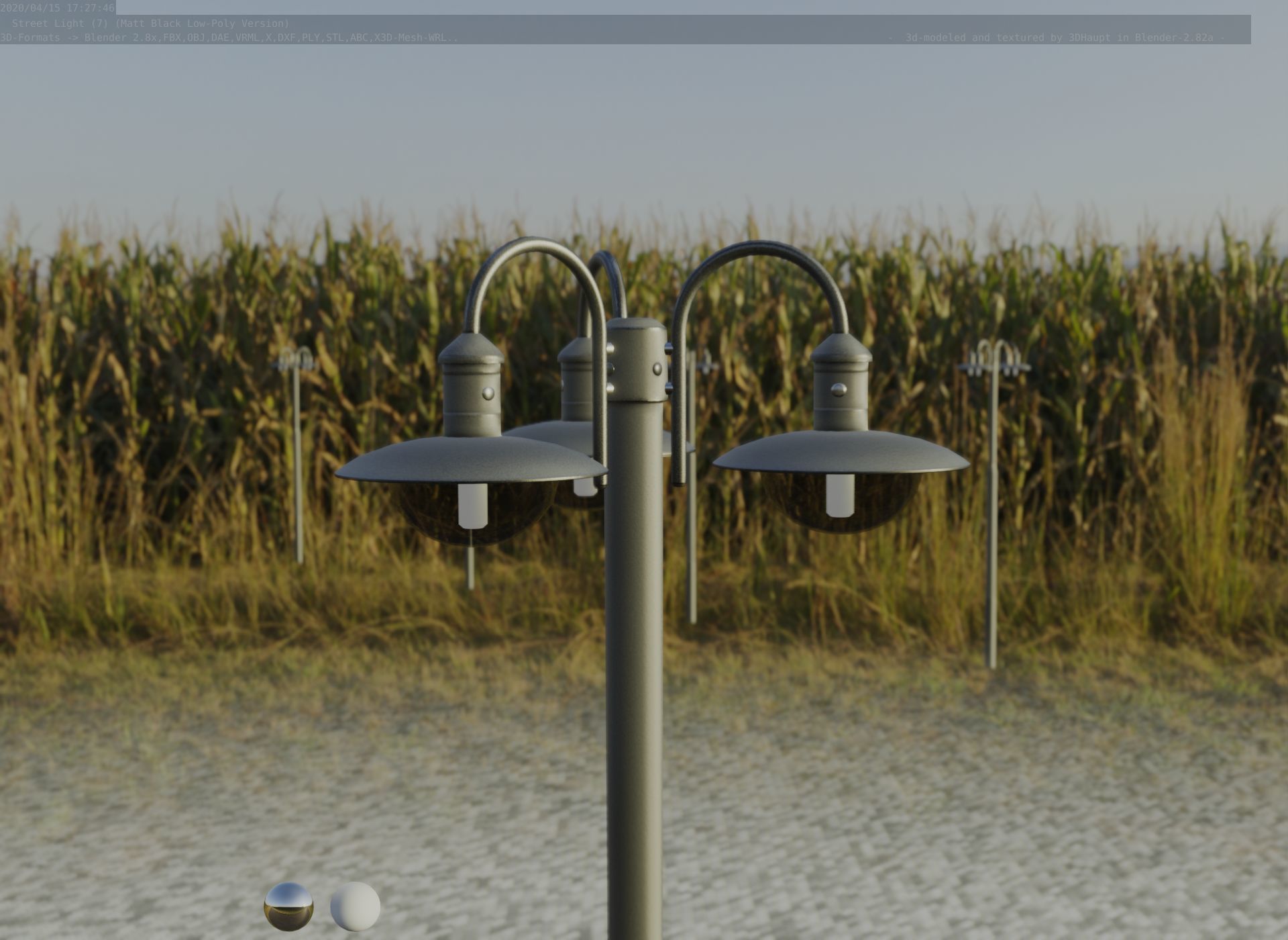 Street Light -7- Matt Black Version -3 Lamps-  Low-poly 3D model_66