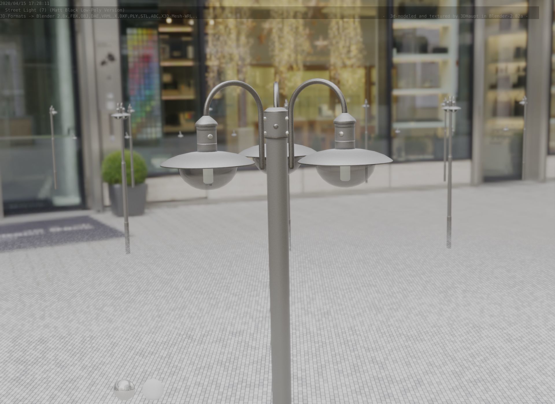 Street Light -7- Matt Black Version -3 Lamps-  Low-poly 3D model_86