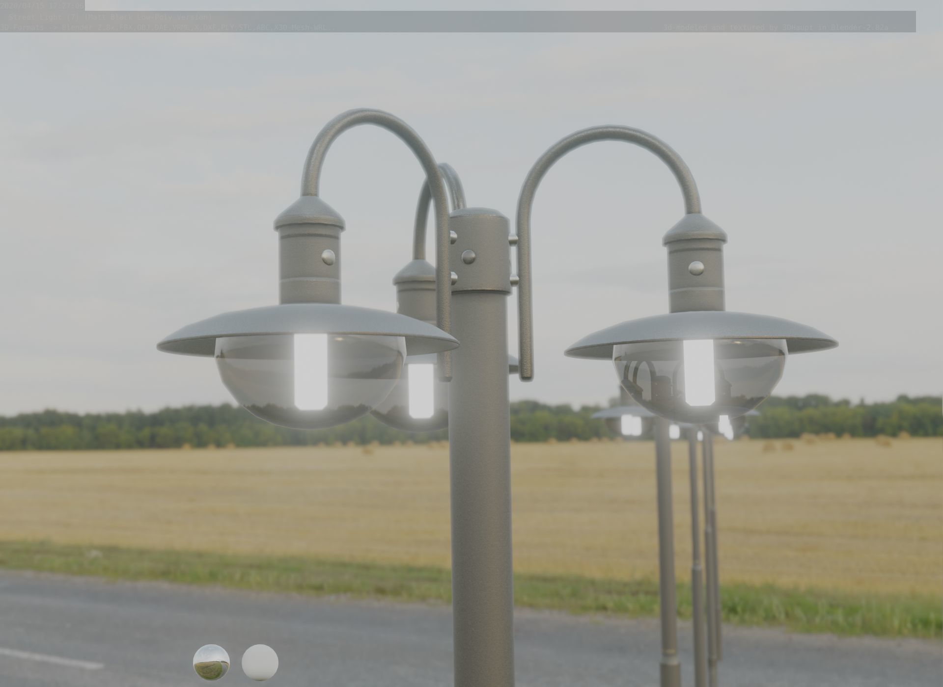 Street Light -7- Matt Black Version -3 Lamps-  Low-poly 3D model_48