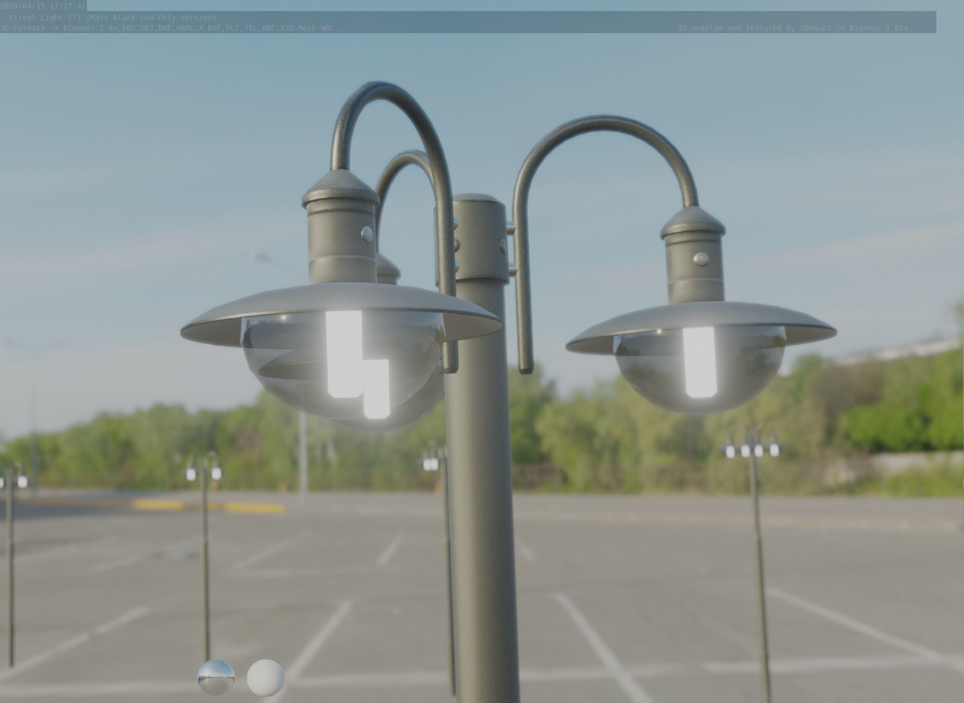 Street Light -7- Matt Black Version -3 Lamps-  Low-poly 3D model_63