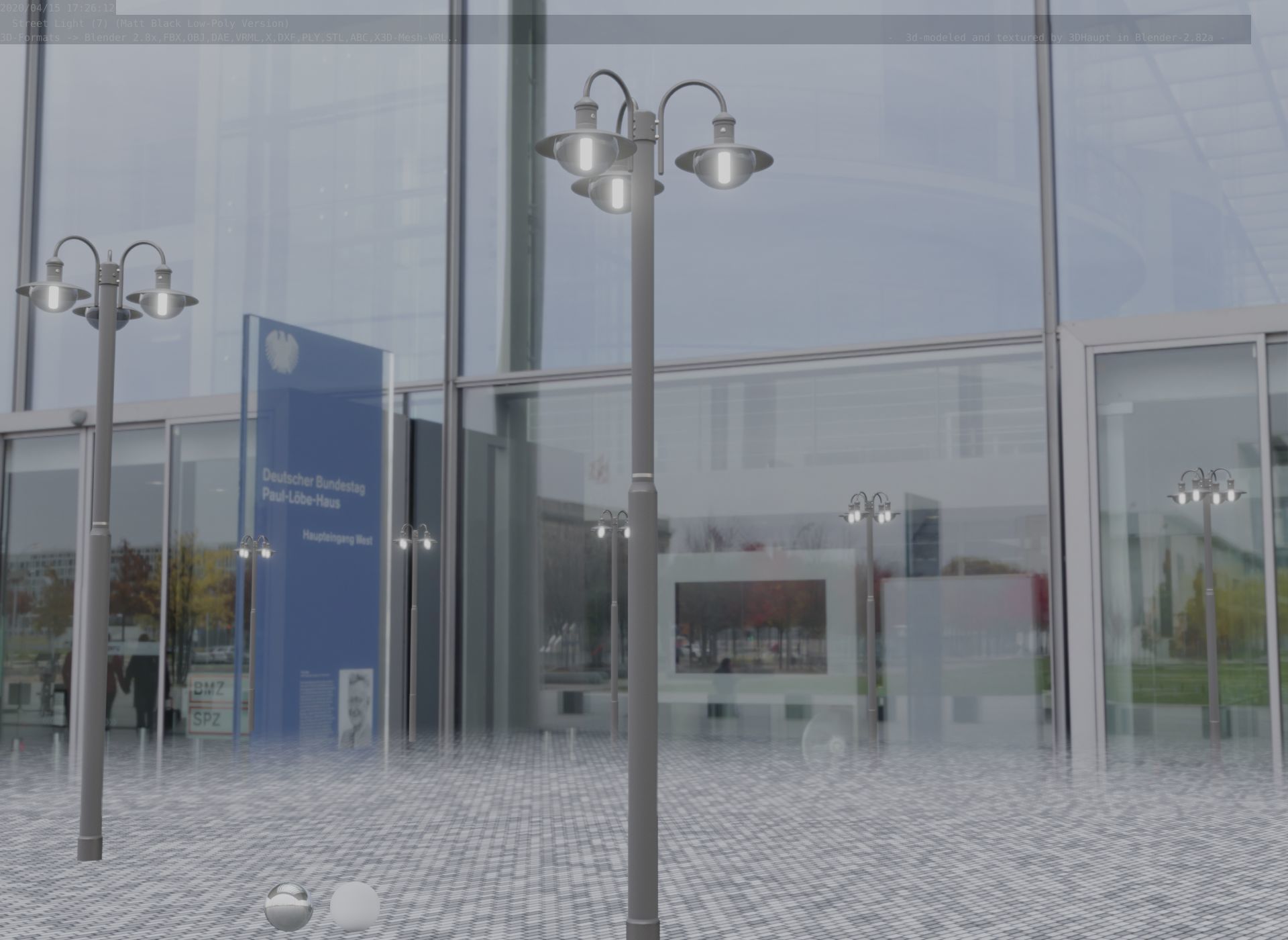 Street Light -7- Matt Black Version -3 Lamps-  Low-poly 3D model_15