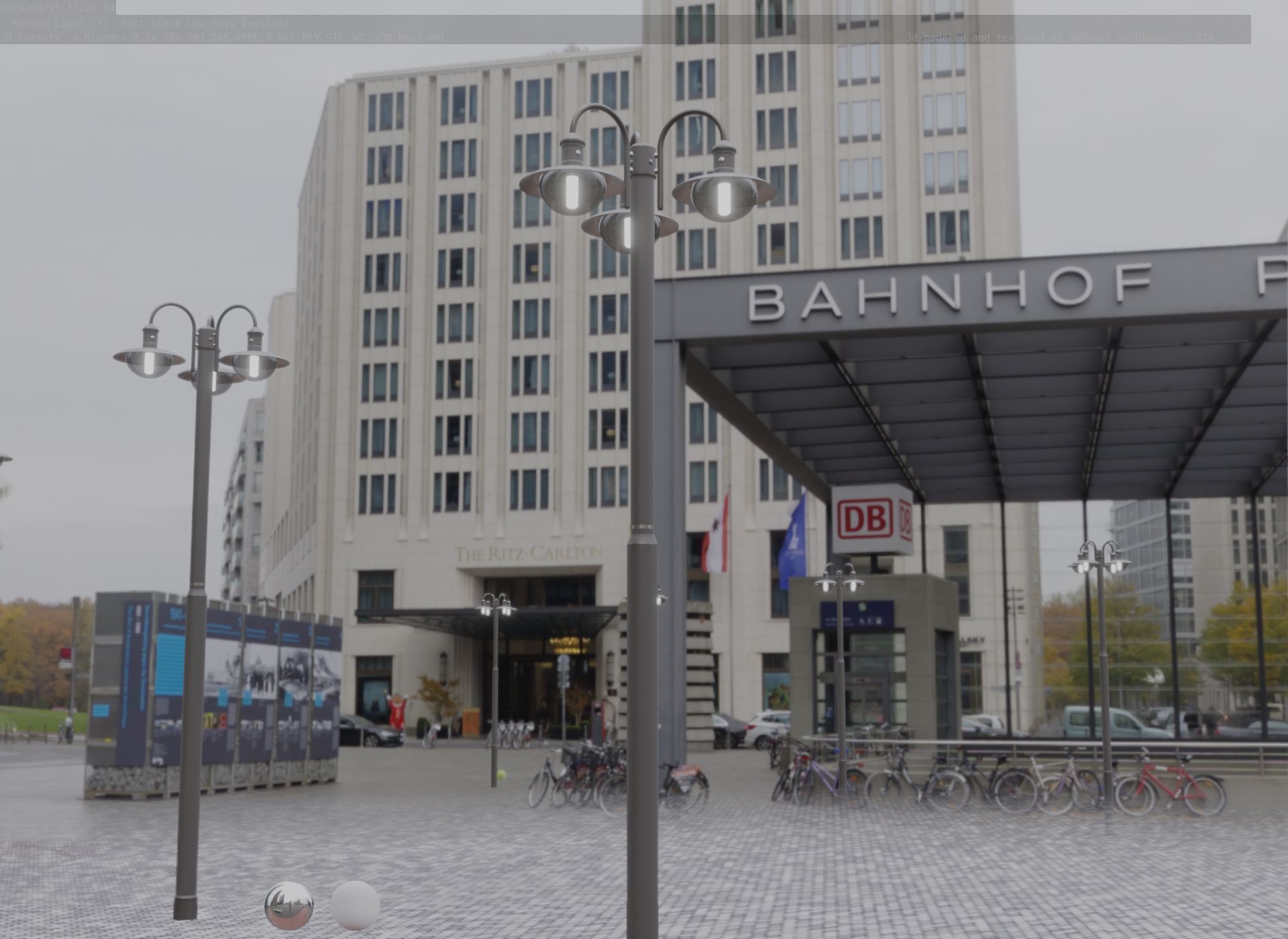 Street Light -7- Matt Black Version -3 Lamps-  Low-poly 3D model_16