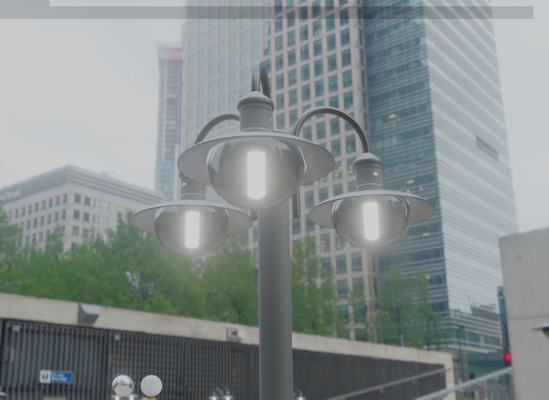 Street Light -7- Matt Black Version -3 Lamps-  Low-poly 3D model_23