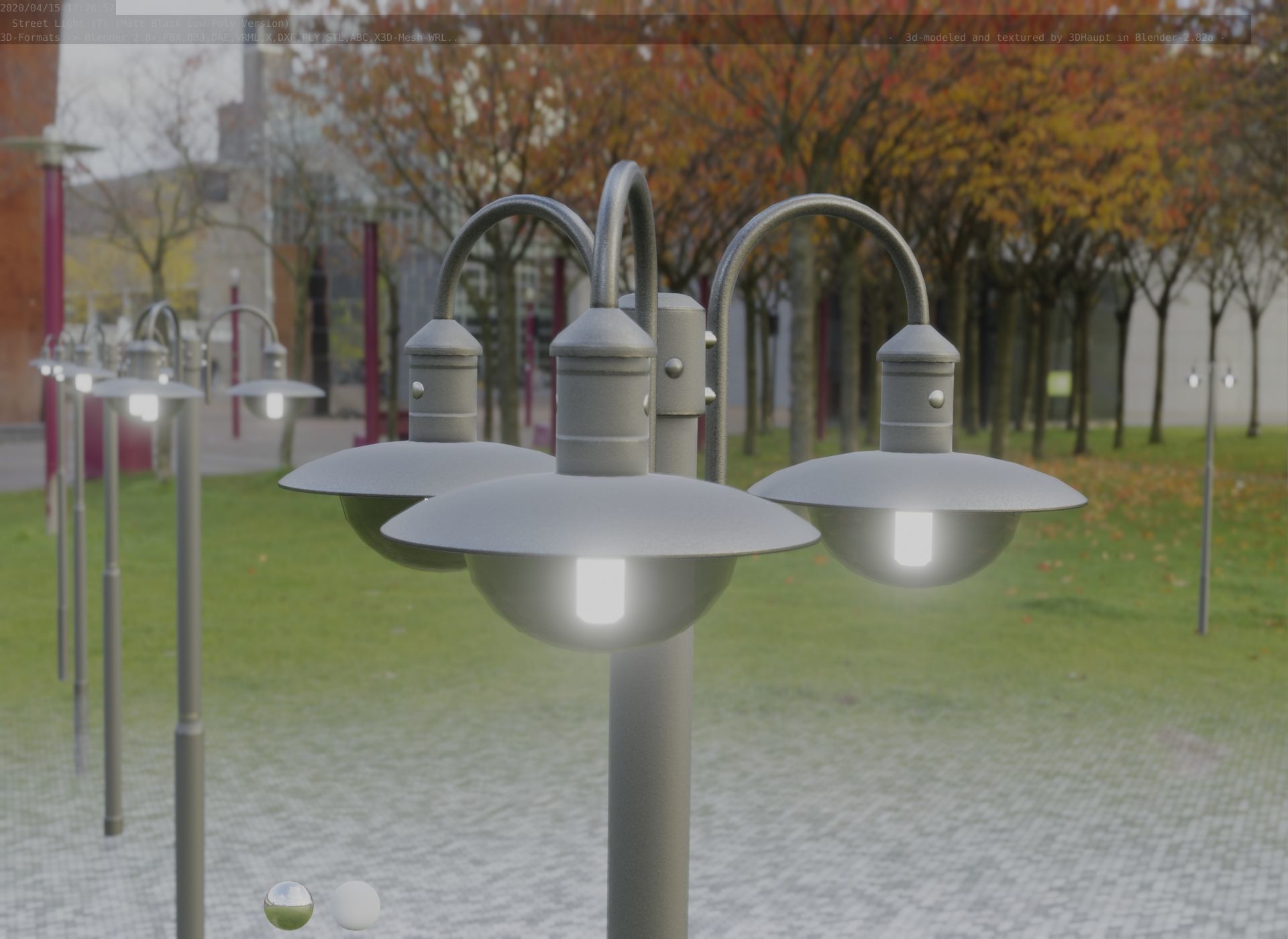 Street Light -7- Matt Black Version -3 Lamps-  Low-poly 3D model_42