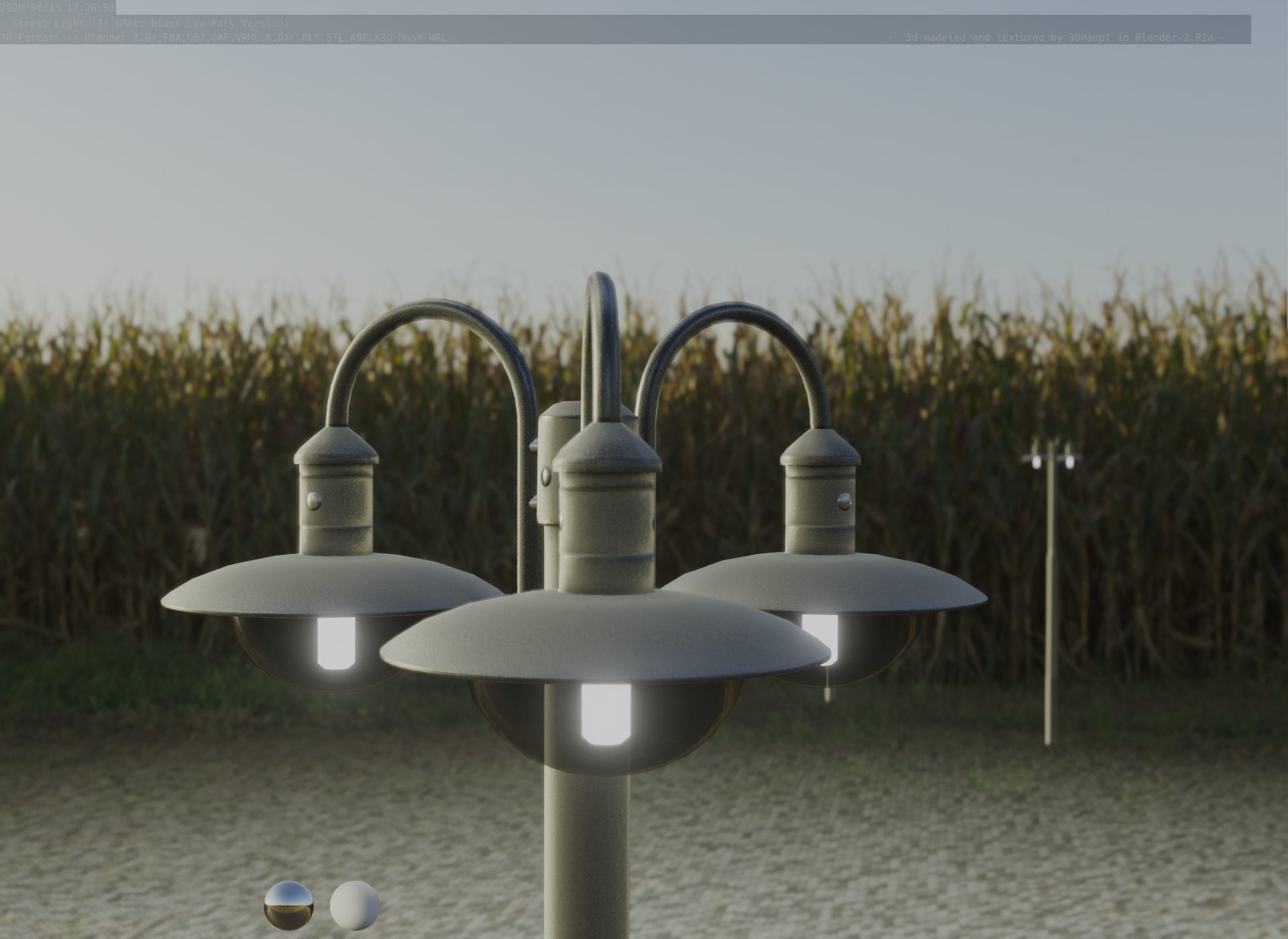 Street Light -7- Matt Black Version -3 Lamps-  Low-poly 3D model_40