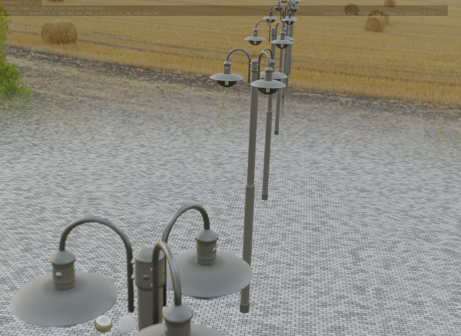 Street Light -7- Matt Black Version -3 Lamps-  Low-poly 3D model_74