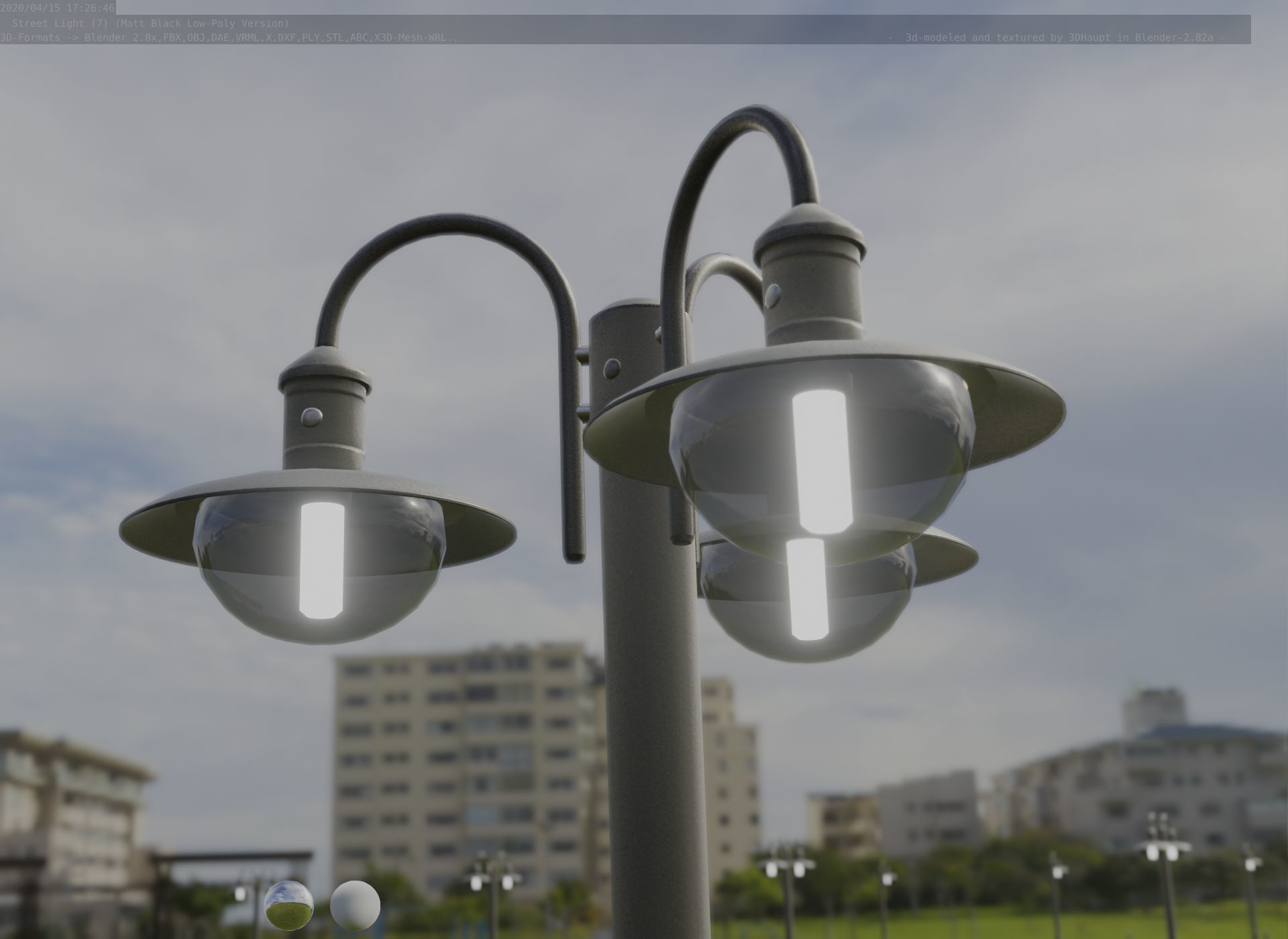 Street Light -7- Matt Black Version -3 Lamps-  Low-poly 3D model_35