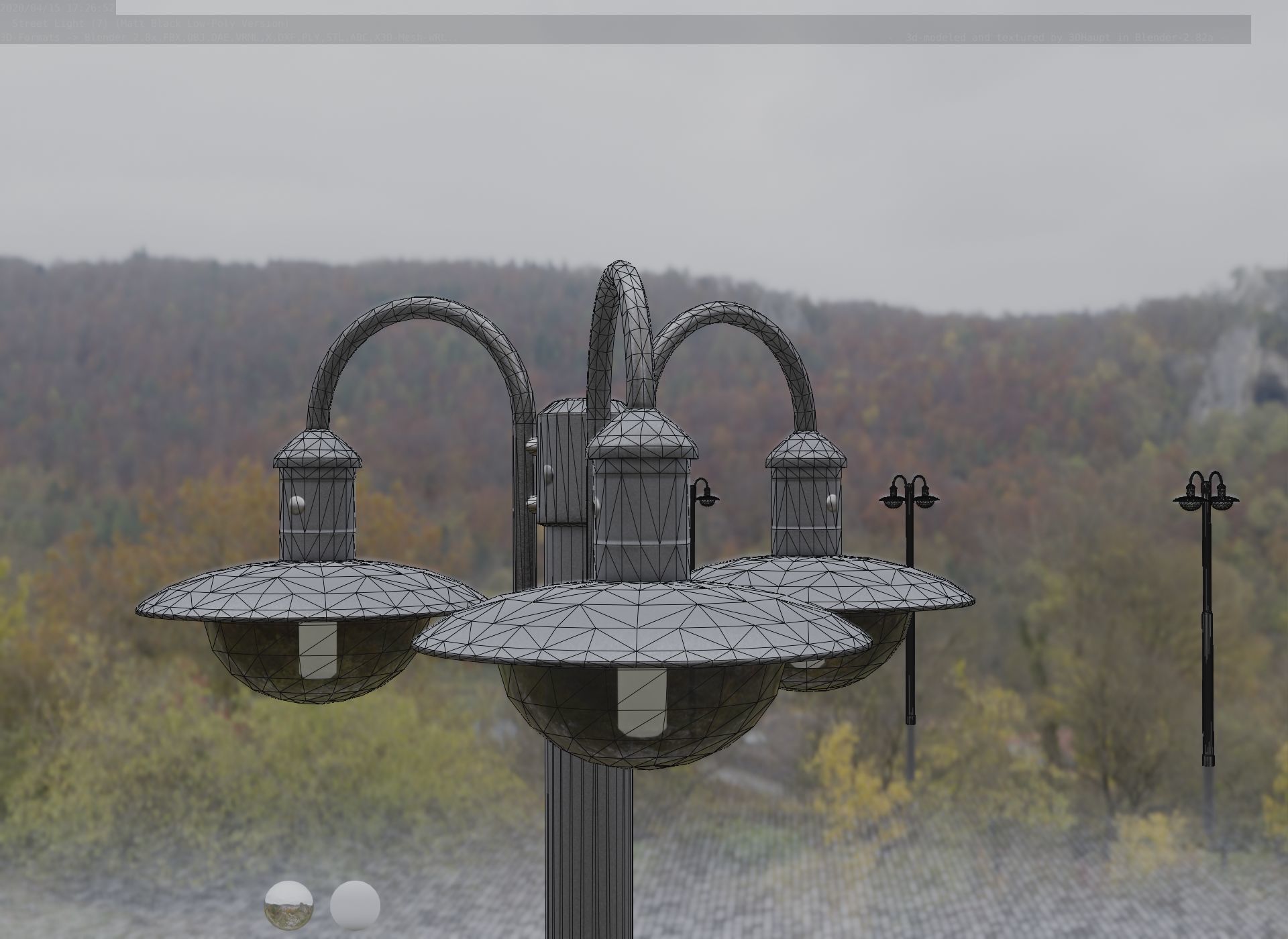 Street Light -7- Matt Black Version -3 Lamps-  Low-poly 3D model_39