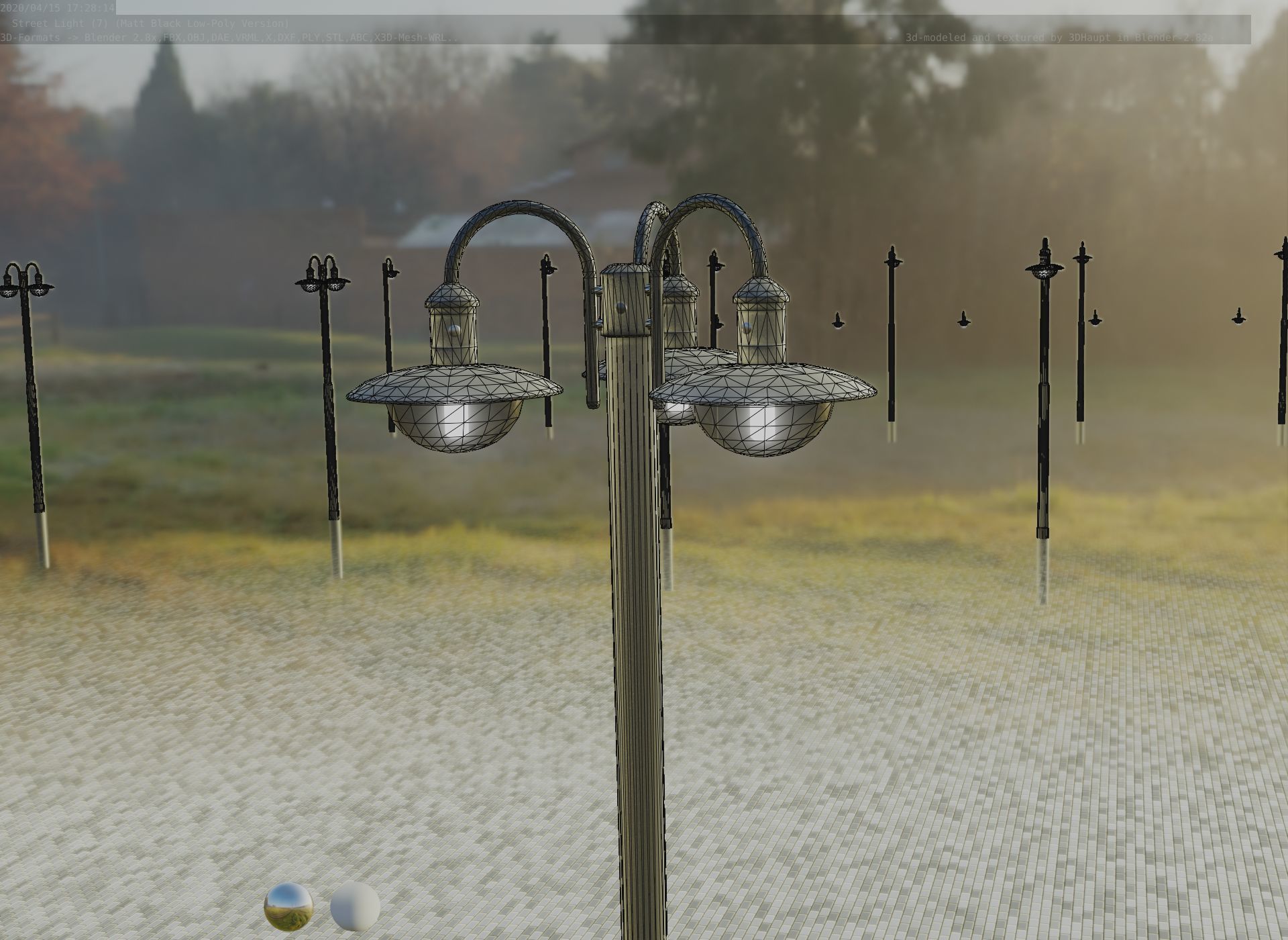 Street Light -7- Matt Black Version -3 Lamps-  Low-poly 3D model_88