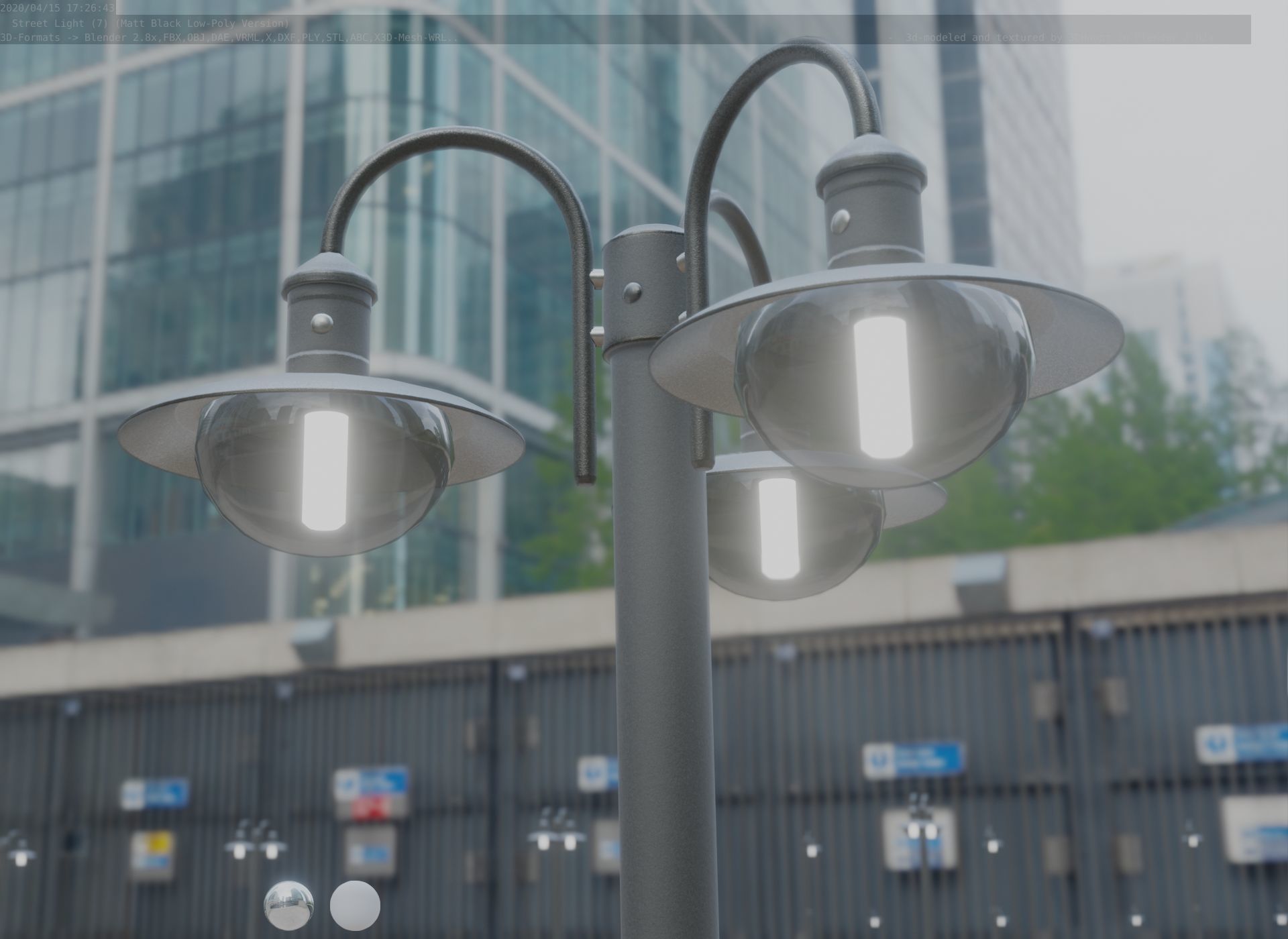 Street Light -7- Matt Black Version -3 Lamps-  Low-poly 3D model_33