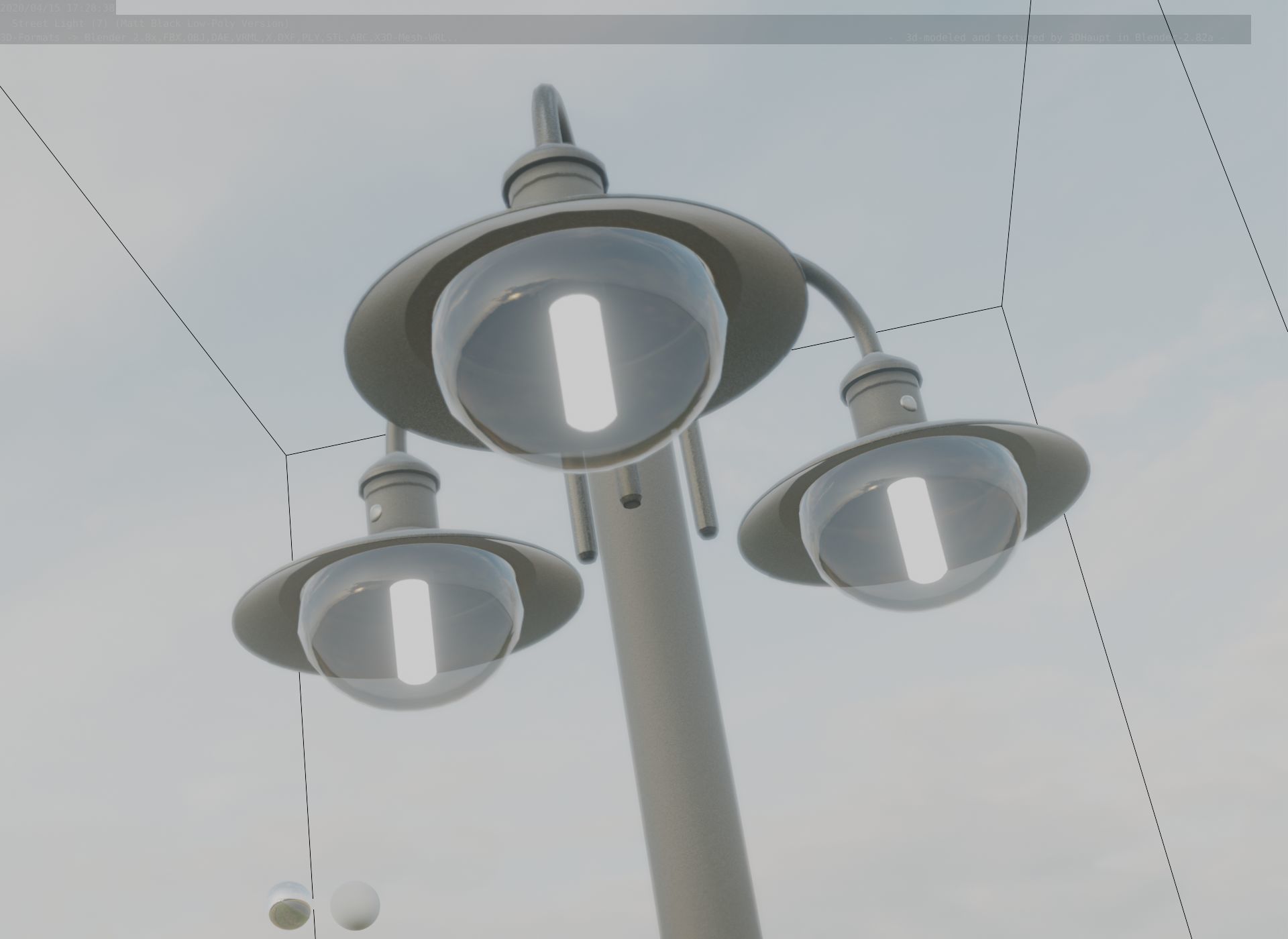 Street Light -7- Matt Black Version -3 Lamps-  Low-poly 3D model_13