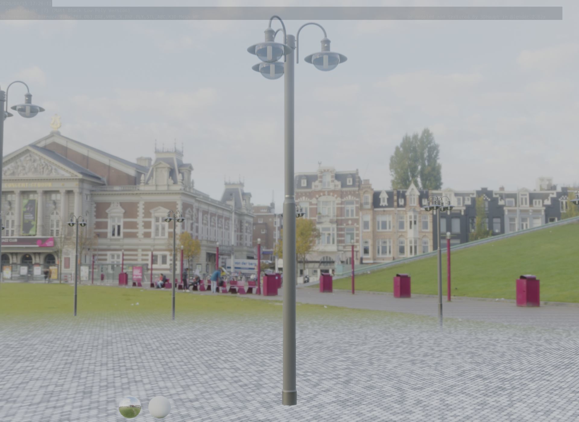 Street Light -7- Matt Black Version -3 Lamps-  Low-poly 3D model_14