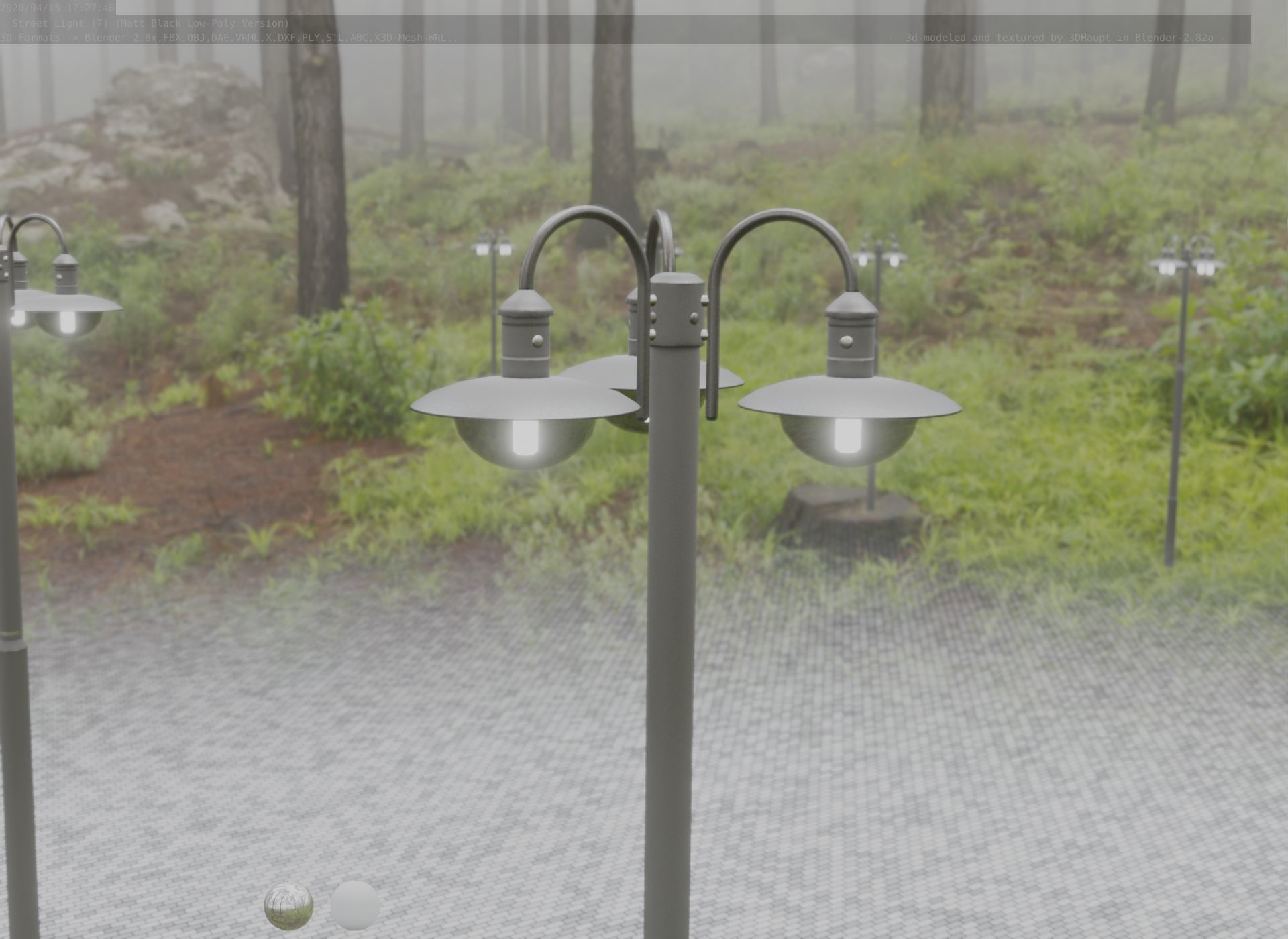 Street Light -7- Matt Black Version -3 Lamps-  Low-poly 3D model_67