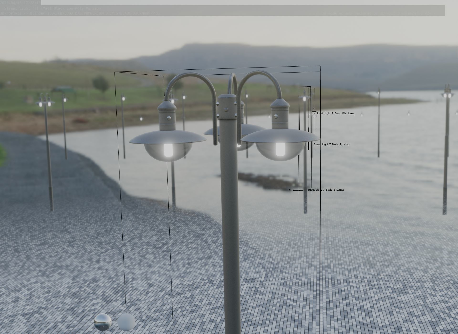 Street Light -7- Matt Black Version -3 Lamps-  Low-poly 3D model_87