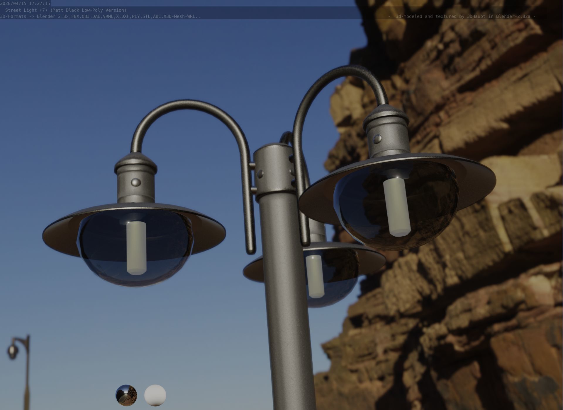 Street Light -7- Matt Black Version -3 Lamps-  Low-poly 3D model_51