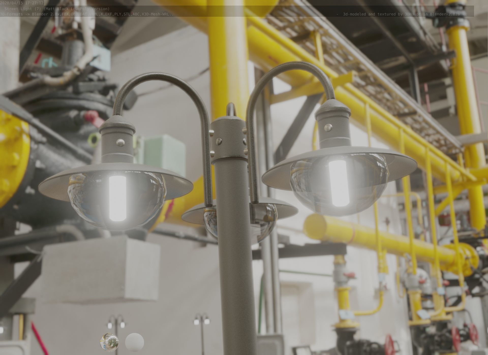 Street Light -7- Matt Black Version -3 Lamps-  Low-poly 3D model_8