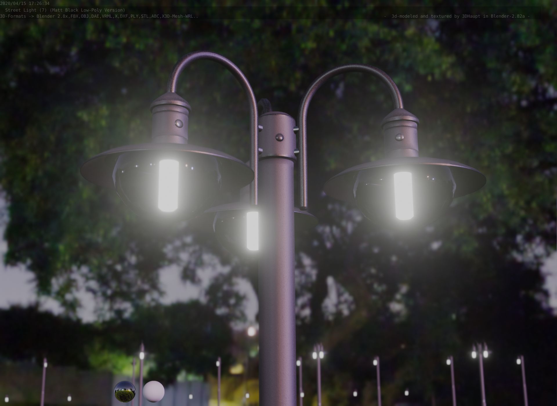 Street Light -7- Matt Black Version -3 Lamps-  Low-poly 3D model_27