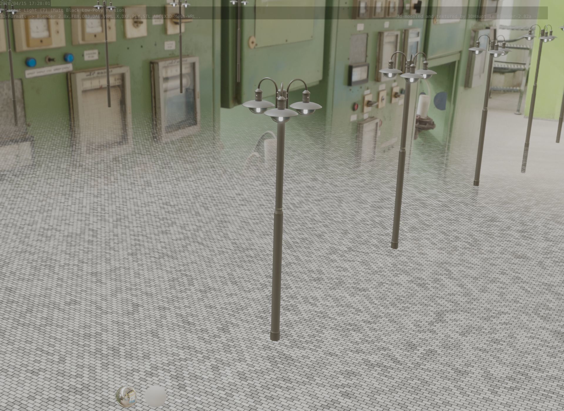 Street Light -7- Matt Black Version -3 Lamps-  Low-poly 3D model_78