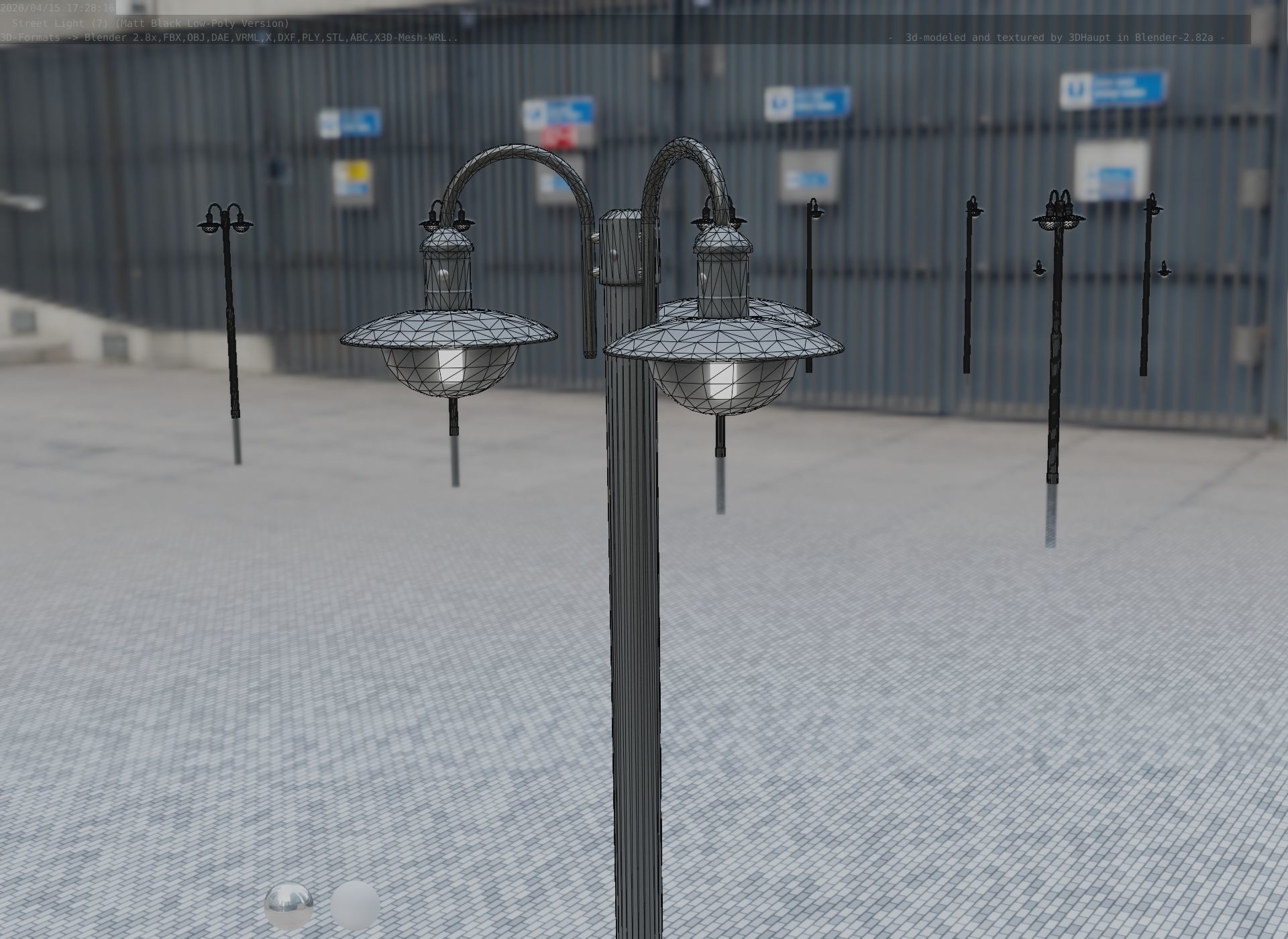 Street Light -7- Matt Black Version -3 Lamps-  Low-poly 3D model_90