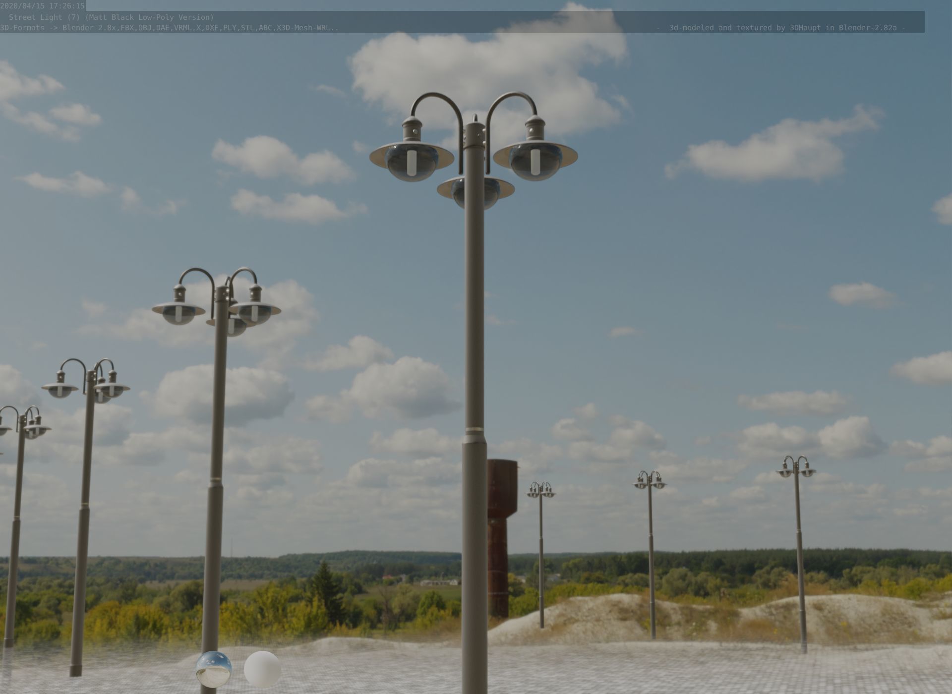 Street Light -7- Matt Black Version -3 Lamps-  Low-poly 3D model_6