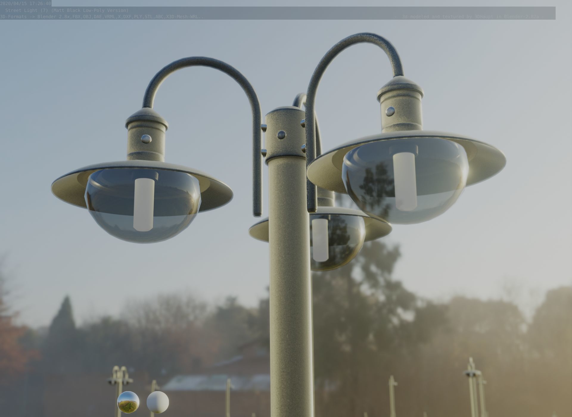 Street Light -7- Matt Black Version -3 Lamps-  Low-poly 3D model_31