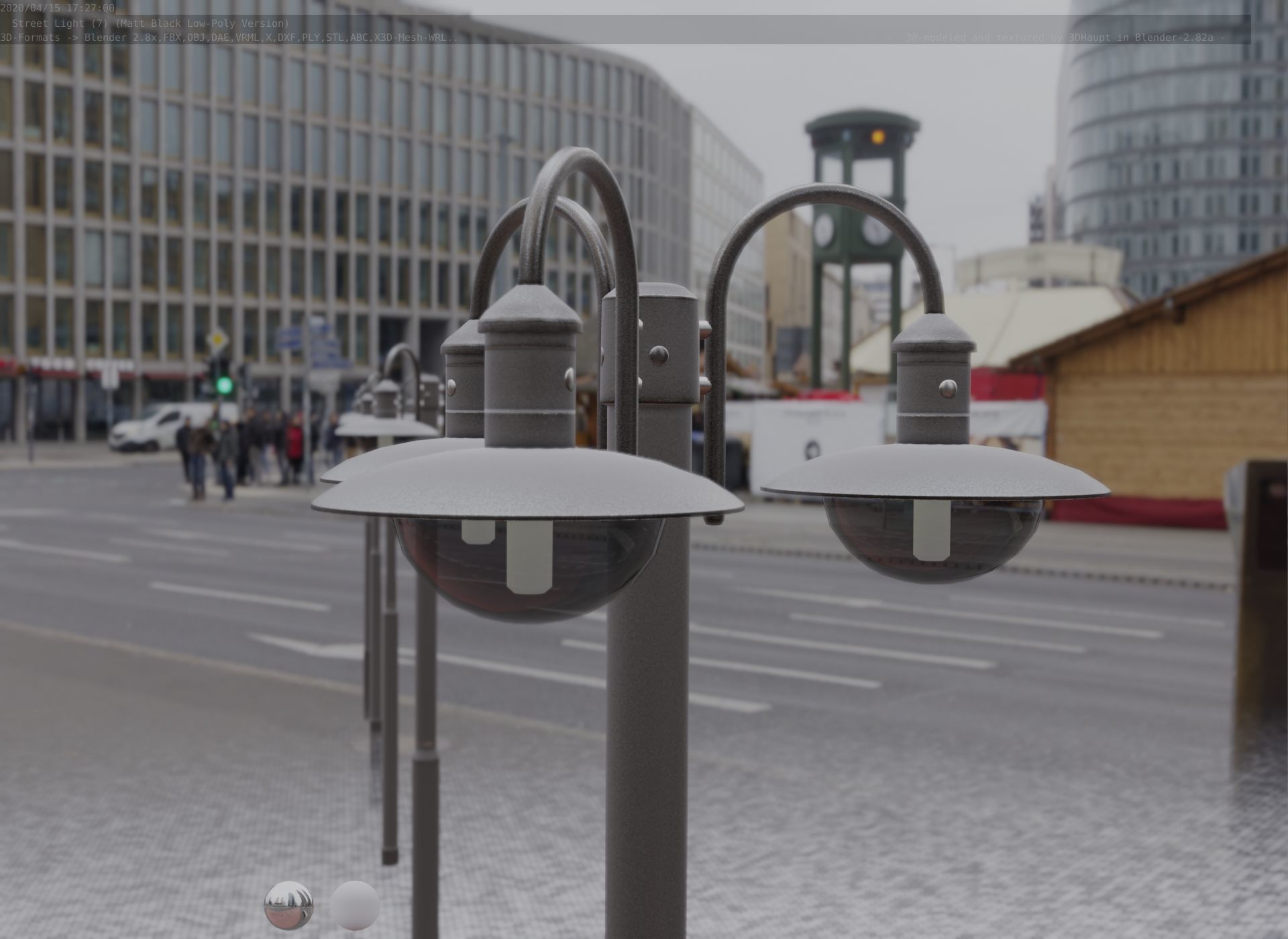 Street Light -7- Matt Black Version -3 Lamps-  Low-poly 3D model_45