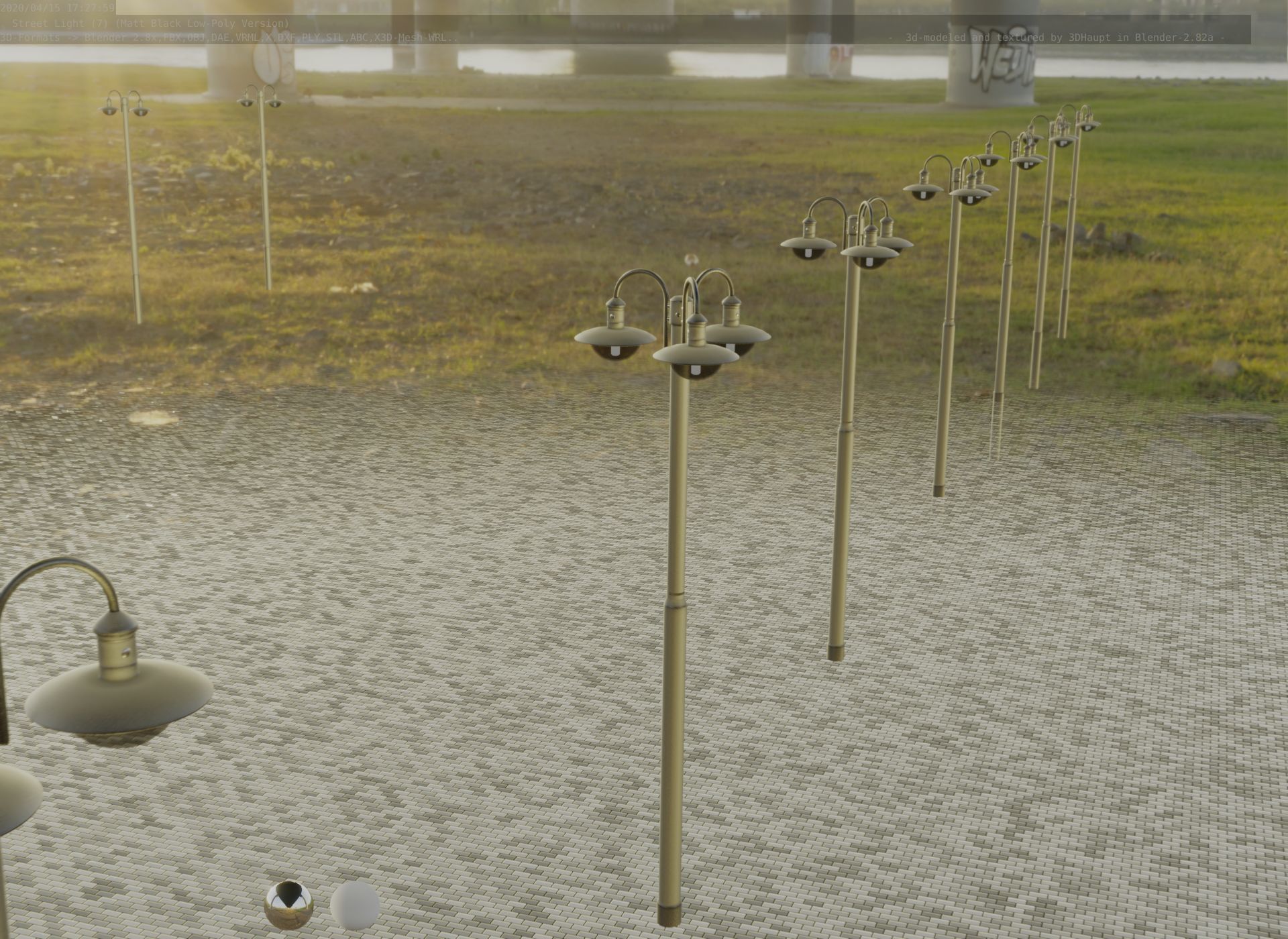 Street Light -7- Matt Black Version -3 Lamps-  Low-poly 3D model_76