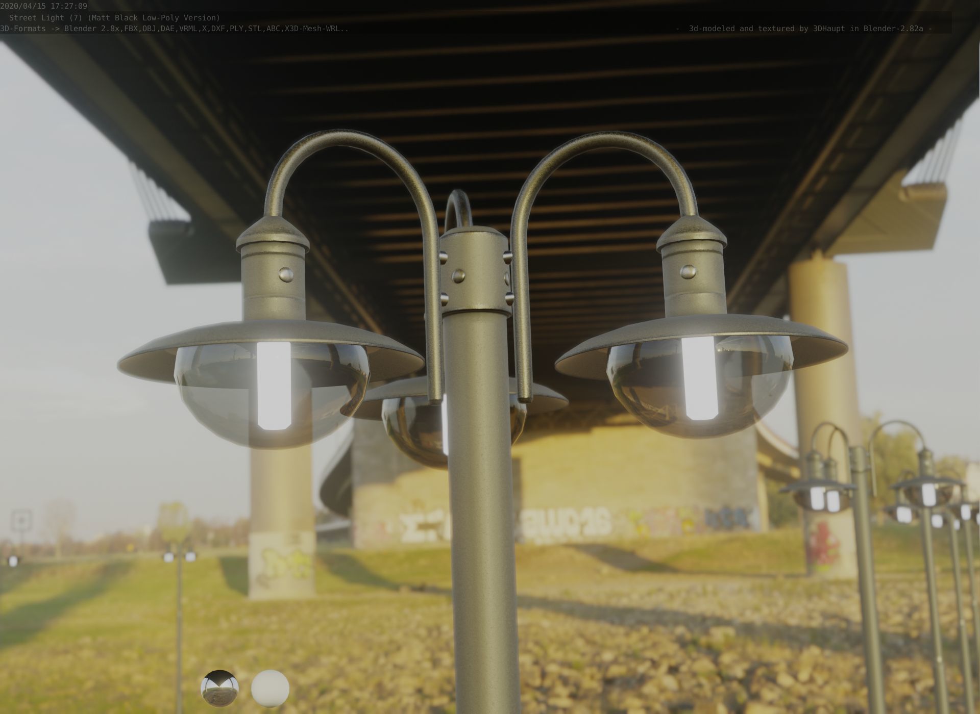 Street Light -7- Matt Black Version -3 Lamps-  Low-poly 3D model_3