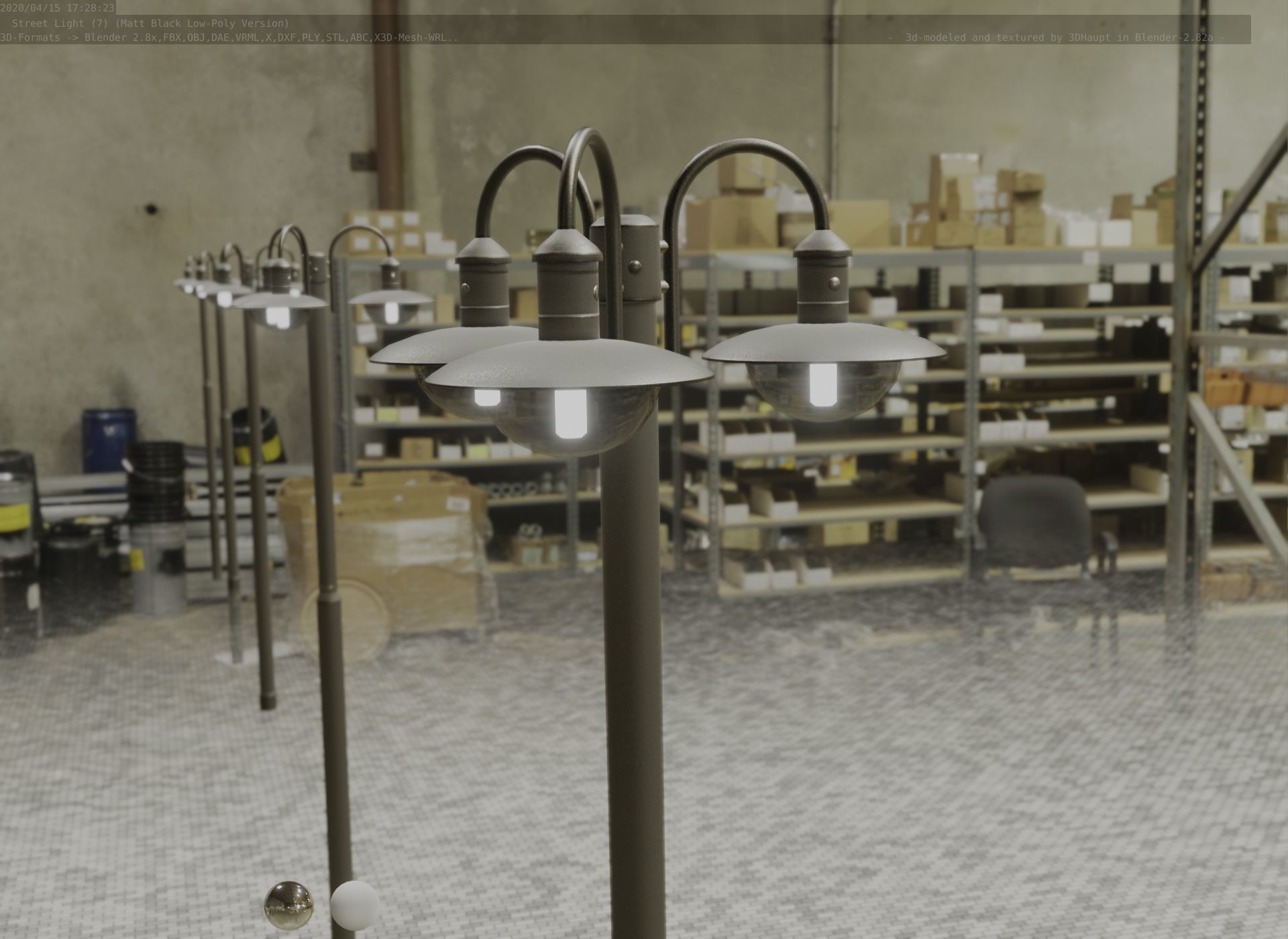 Street Light -7- Matt Black Version -3 Lamps-  Low-poly 3D model_95