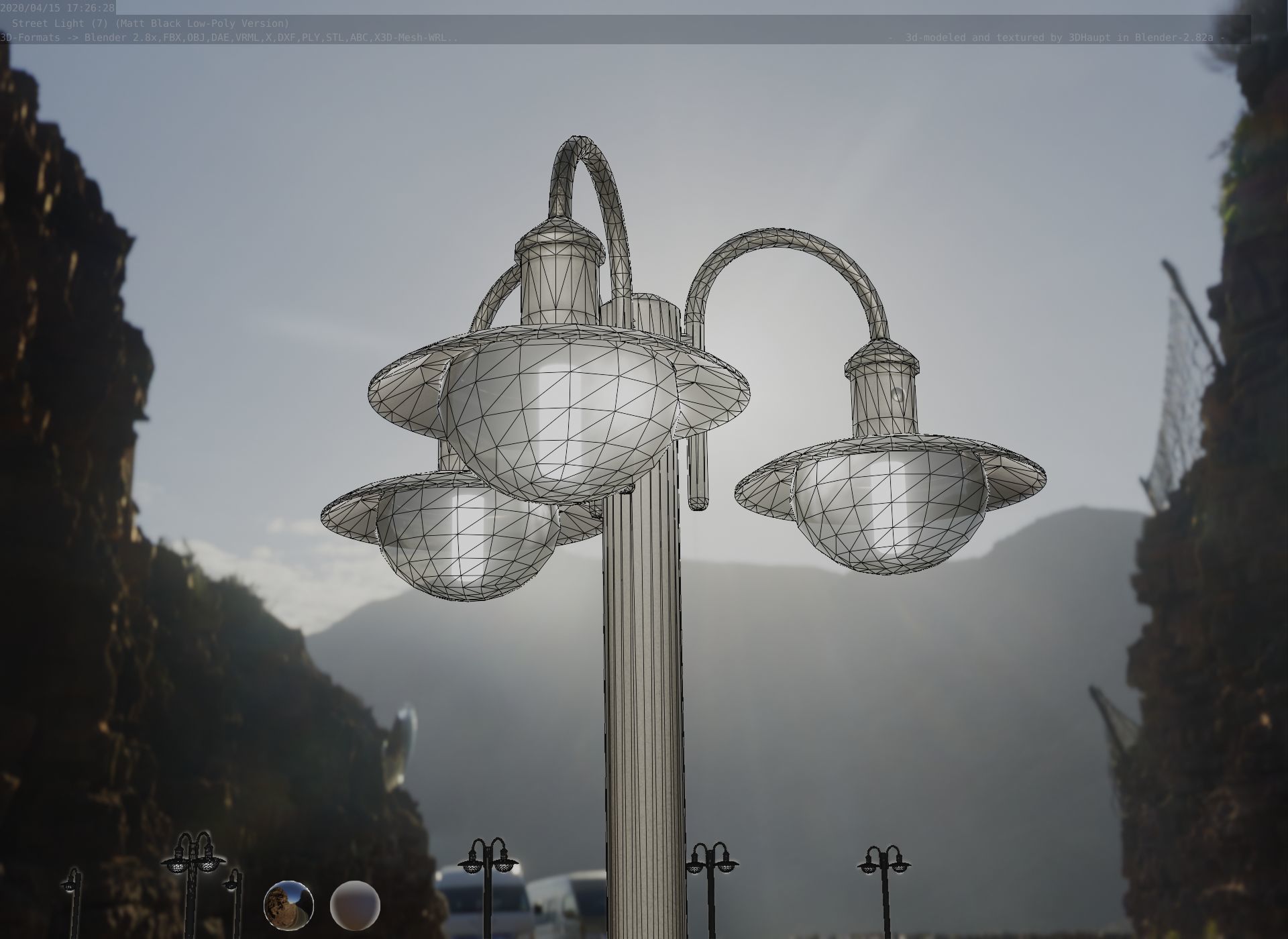 Street Light -7- Matt Black Version -3 Lamps-  Low-poly 3D model_4