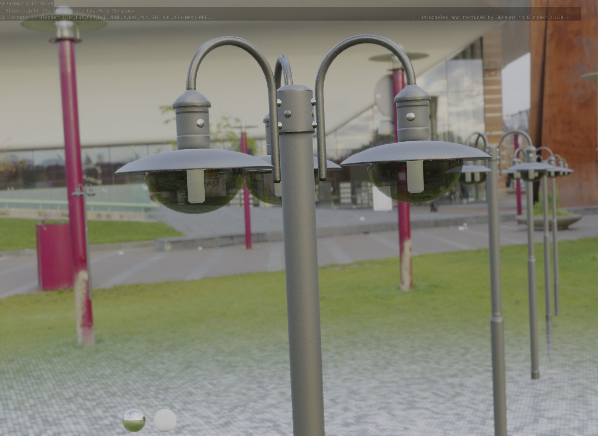 Street Light -7- Matt Black Version -3 Lamps-  Low-poly 3D model_99