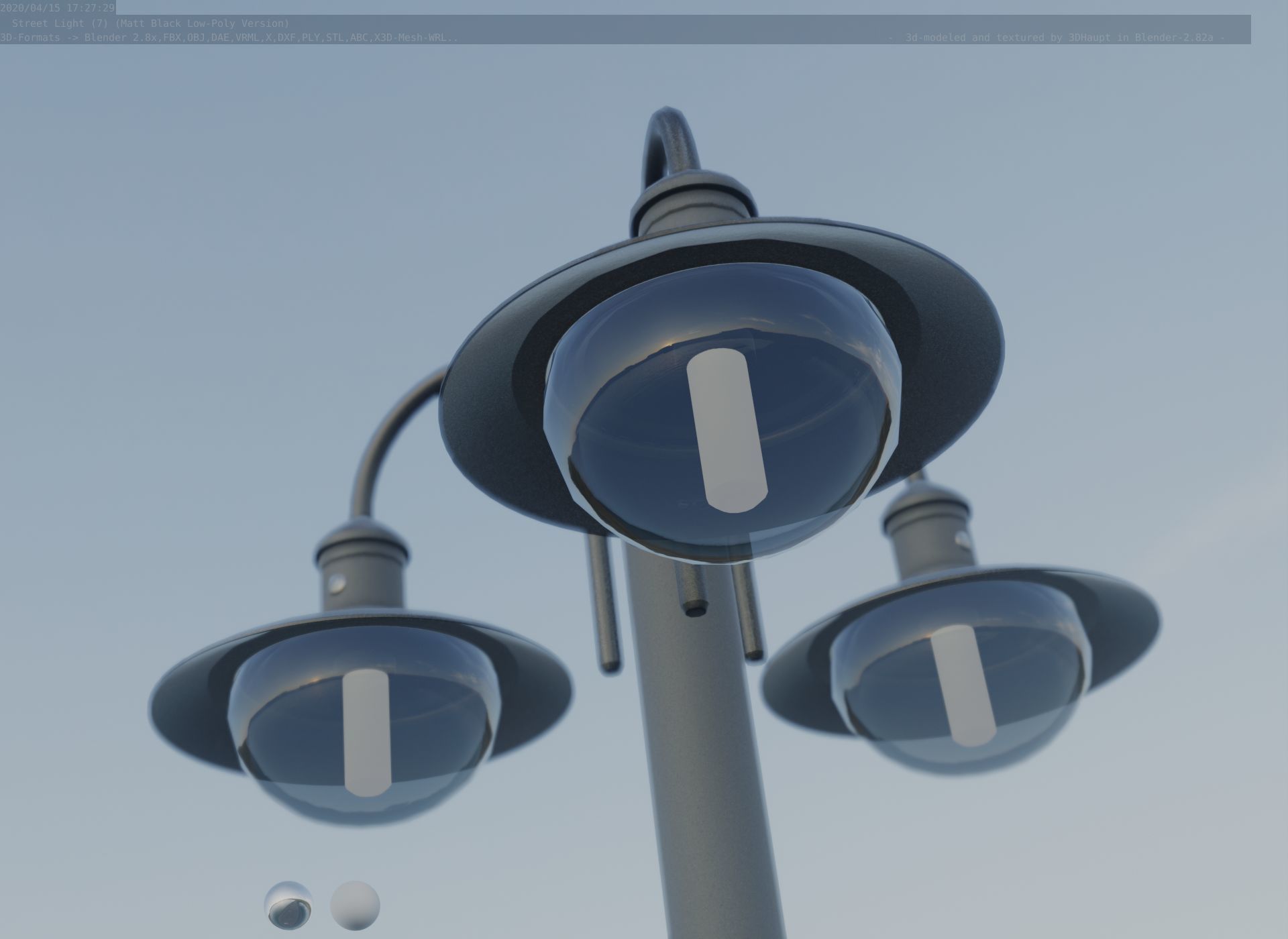 Street Light -7- Matt Black Version -3 Lamps-  Low-poly 3D model_57