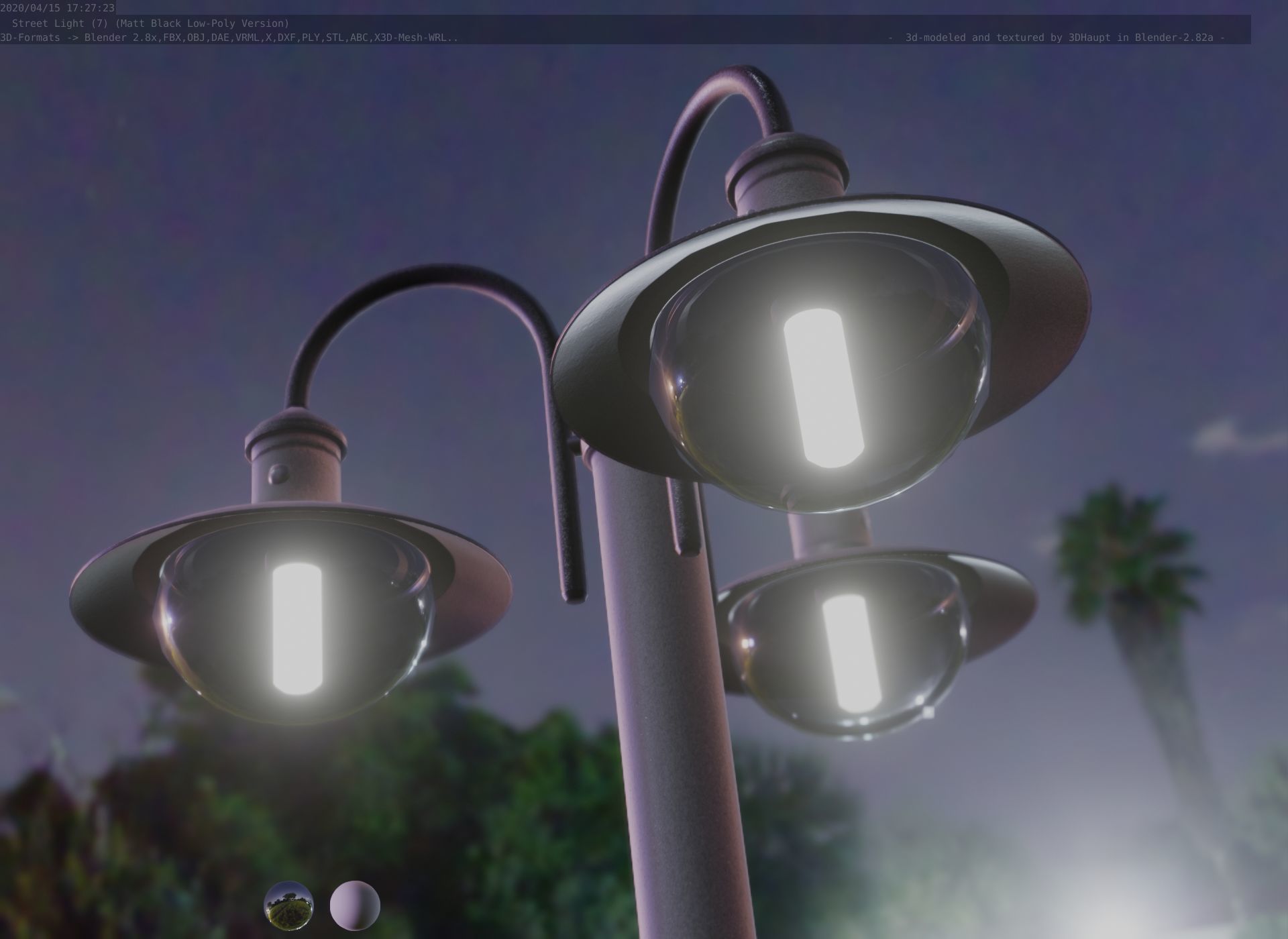 Street Light -7- Matt Black Version -3 Lamps-  Low-poly 3D model_55
