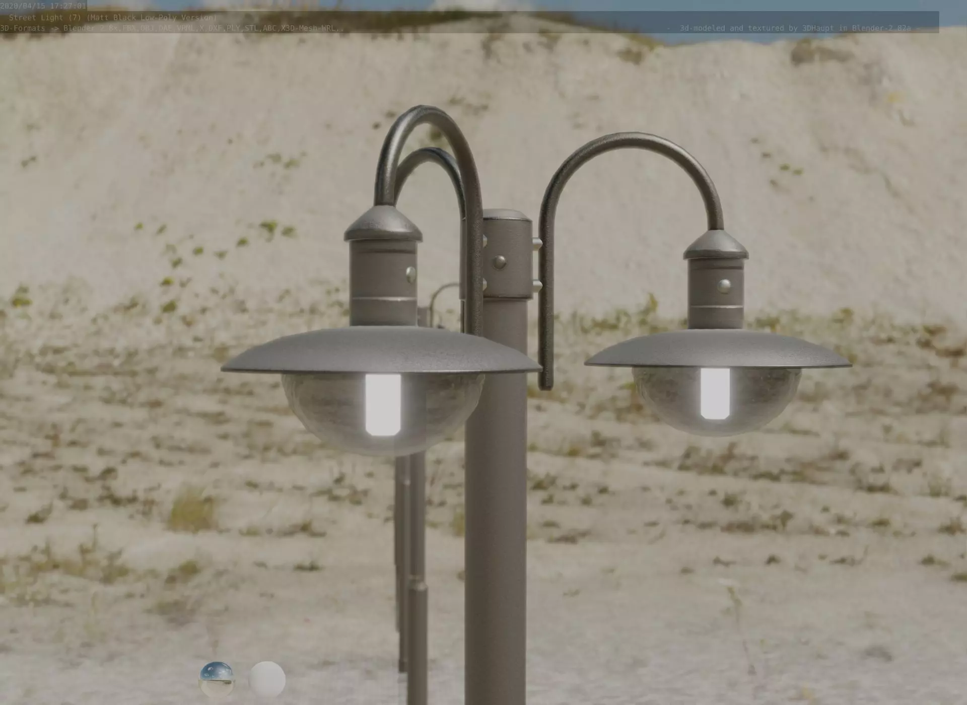 Street Light -7- Matt Black Version -3 Lamps-  Low-poly 3D model_0