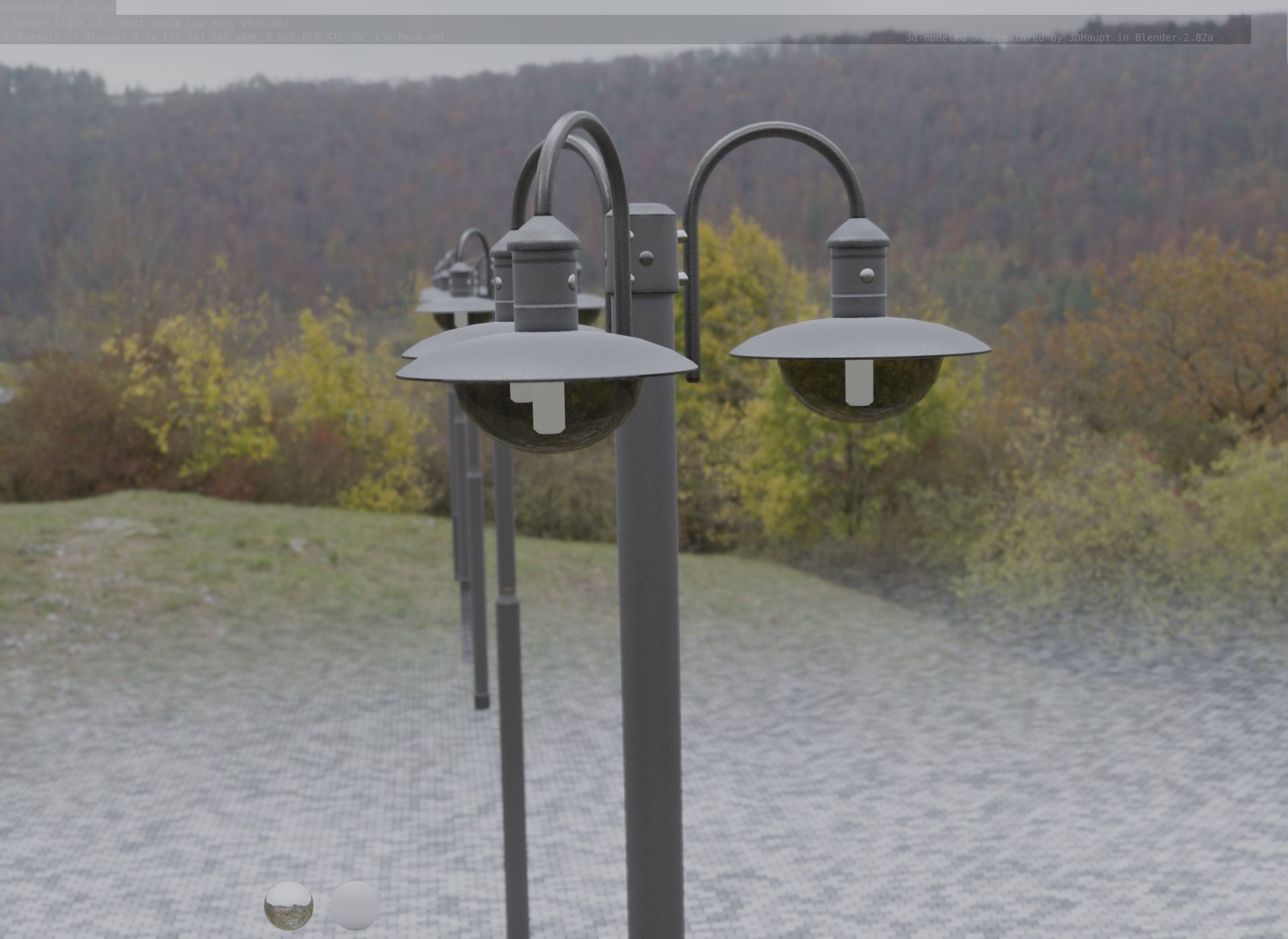 Street Light -7- Matt Black Version -3 Lamps-  Low-poly 3D model_96